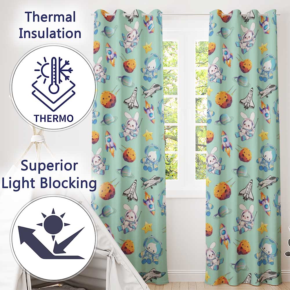 Bunny Astronaut Cat Space Rockets Planets Stars Seamless  Teal Background  Readymade Eyelet Ring Top Thermal 100% Blackout Curtains