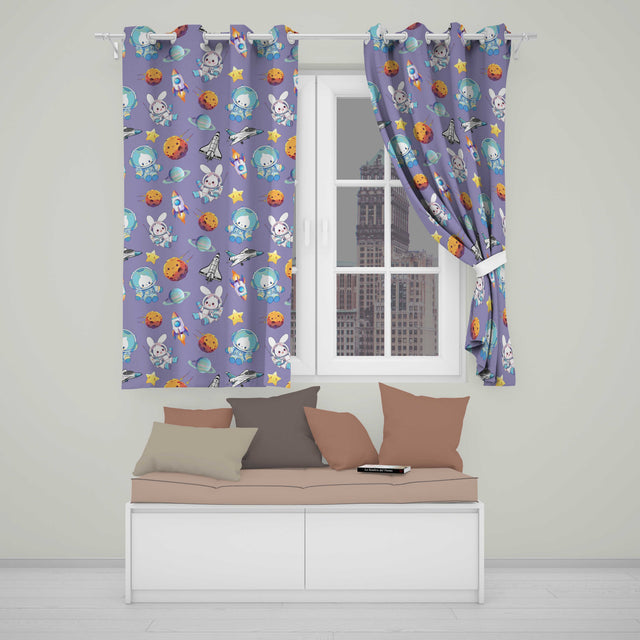 Bunny Astronaut Cat Space Rockets Planets Stars Seamless  Purple Background  Readymade Eyelet Ring Top Thermal 100% Blackout Curtains