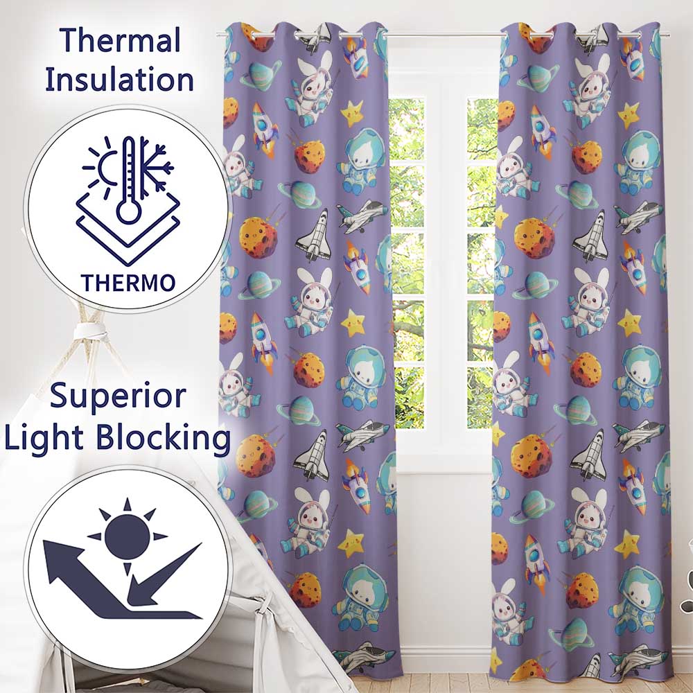 Bunny Astronaut Cat Space Rockets Planets Stars Seamless  Purple Background  Readymade Eyelet Ring Top Thermal 100% Blackout Curtains