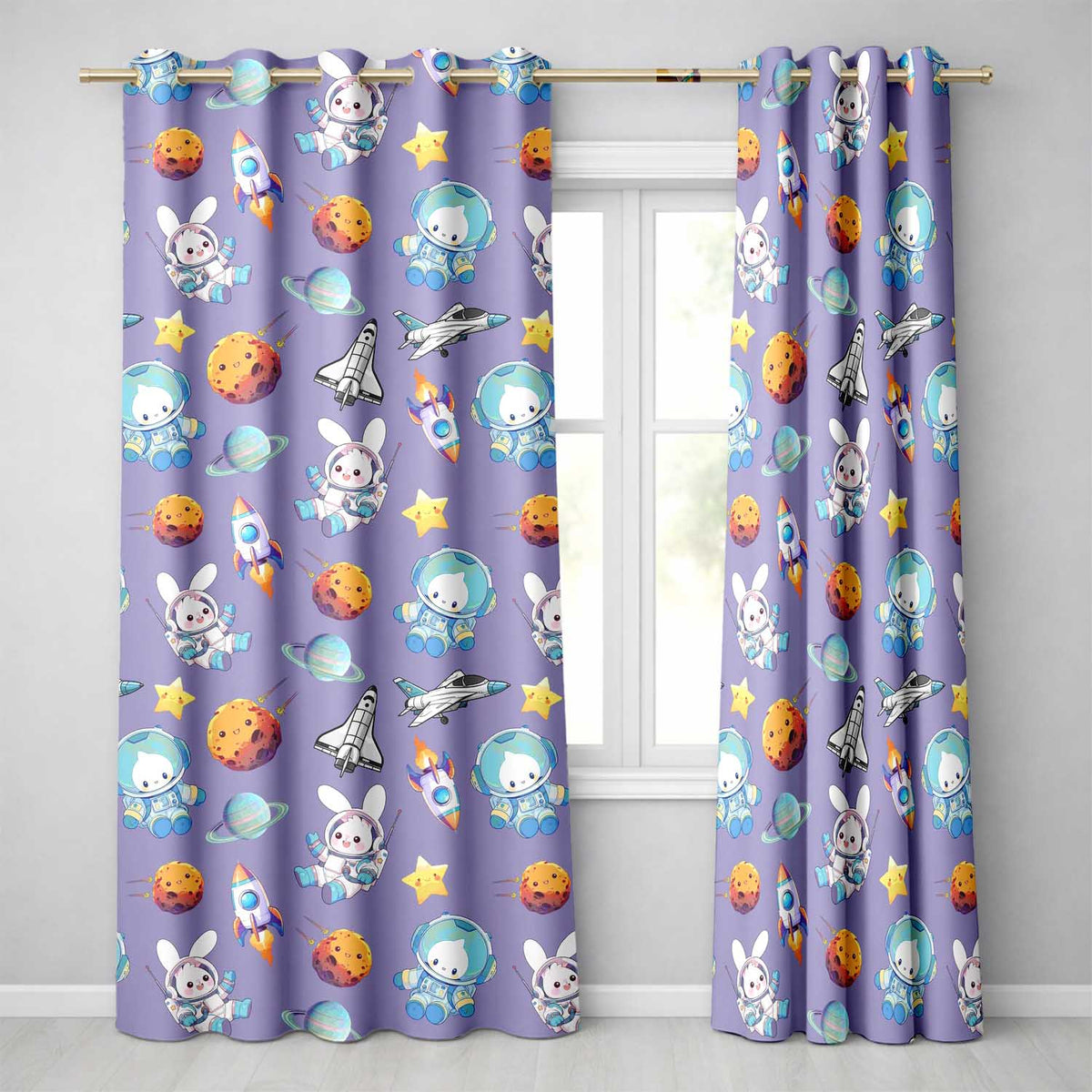 Bunny Astronaut Cat Space Rockets Planets Stars Seamless  Purple Background  Readymade Eyelet Ring Top Thermal 100% Blackout Curtains