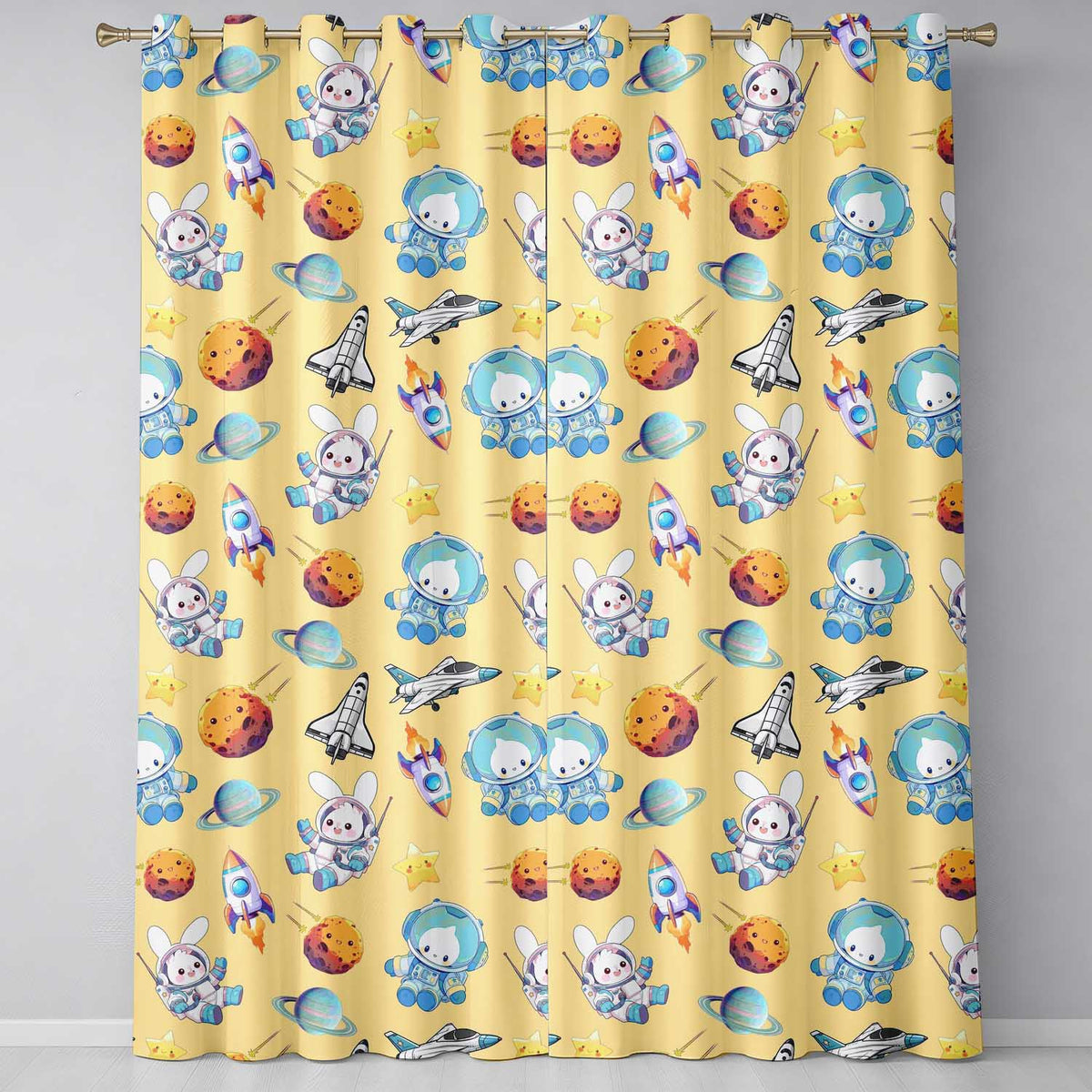 Bunny Astronaut Cat Space Rockets Planets Stars Seamless  Beige Background  Readymade Eyelet Ring Top Thermal 100% Blackout Curtains