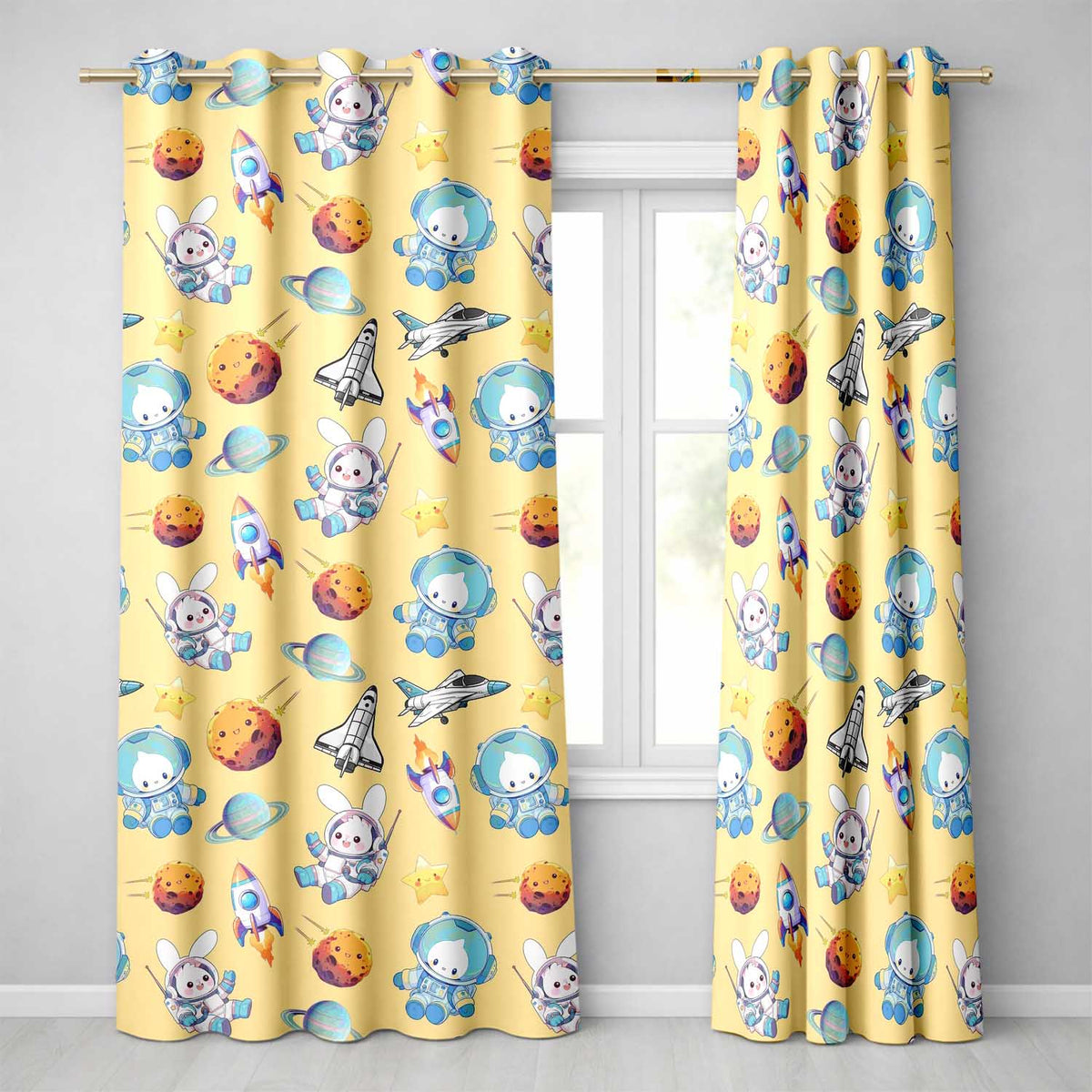 Bunny Astronaut Cat Space Rockets Planets Stars Seamless  Beige Background  Readymade Eyelet Ring Top Thermal 100% Blackout Curtains