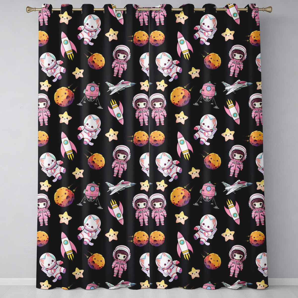 Cat Astronaut Girl Rockets Stars Space Seamless  Black Background  Readymade Eyelet Ring Top Thermal 100% Blackout Curtains
