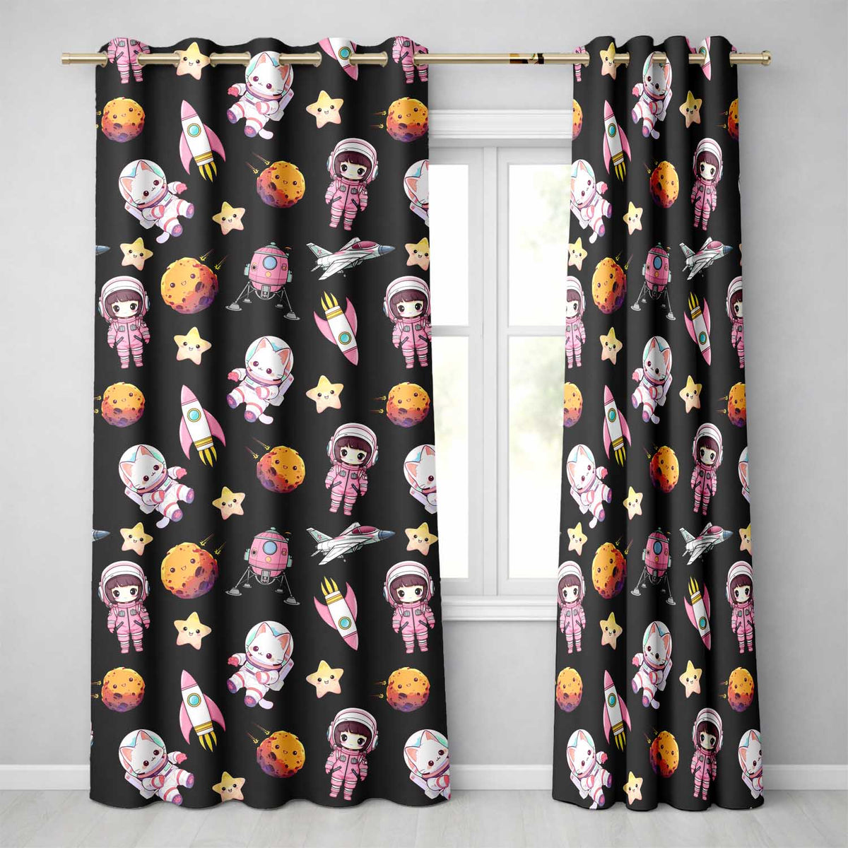 Cat Astronaut Girl Rockets Stars Space Seamless  Black Background  Readymade Eyelet Ring Top Thermal 100% Blackout Curtains