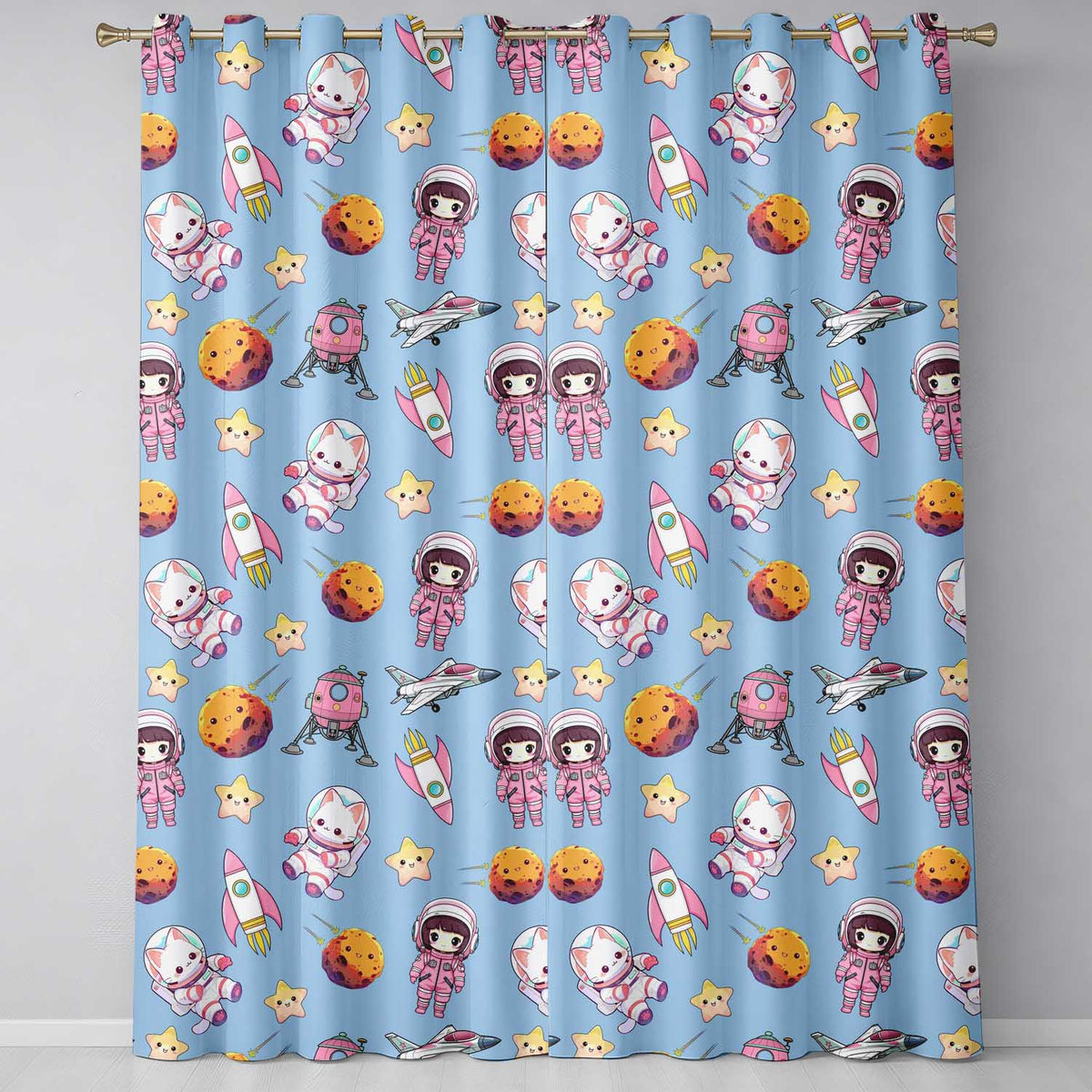 Cat Astronaut Girl Rockets Stars Space Seamless  Blue Background  Readymade Eyelet Ring Top Thermal 100% Blackout Curtains