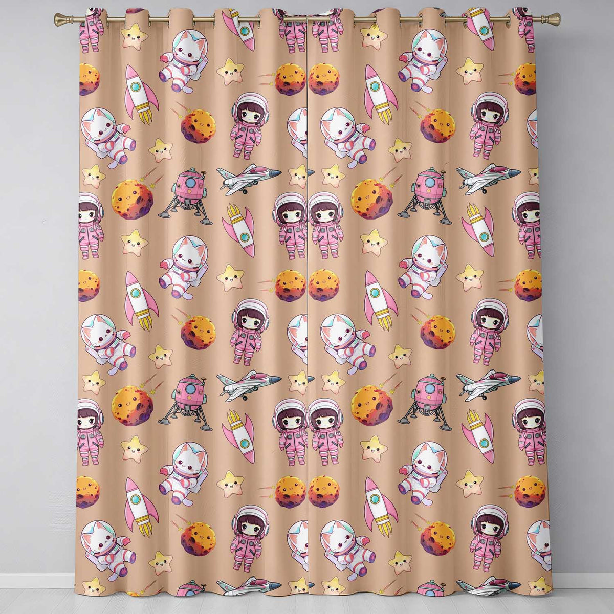 Cat Astronaut Girl Rockets Stars Space Seamless  Peach Background  Readymade Eyelet Ring Top Thermal 100% Blackout Curtains