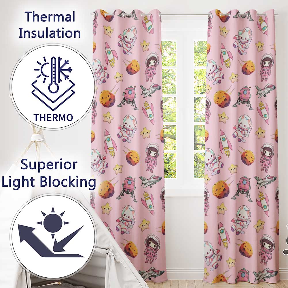 Cat Astronaut Girl Rockets Stars Space Seamless  Light Pink Background  Readymade Eyelet Ring Top Thermal 100% Blackout Curtains