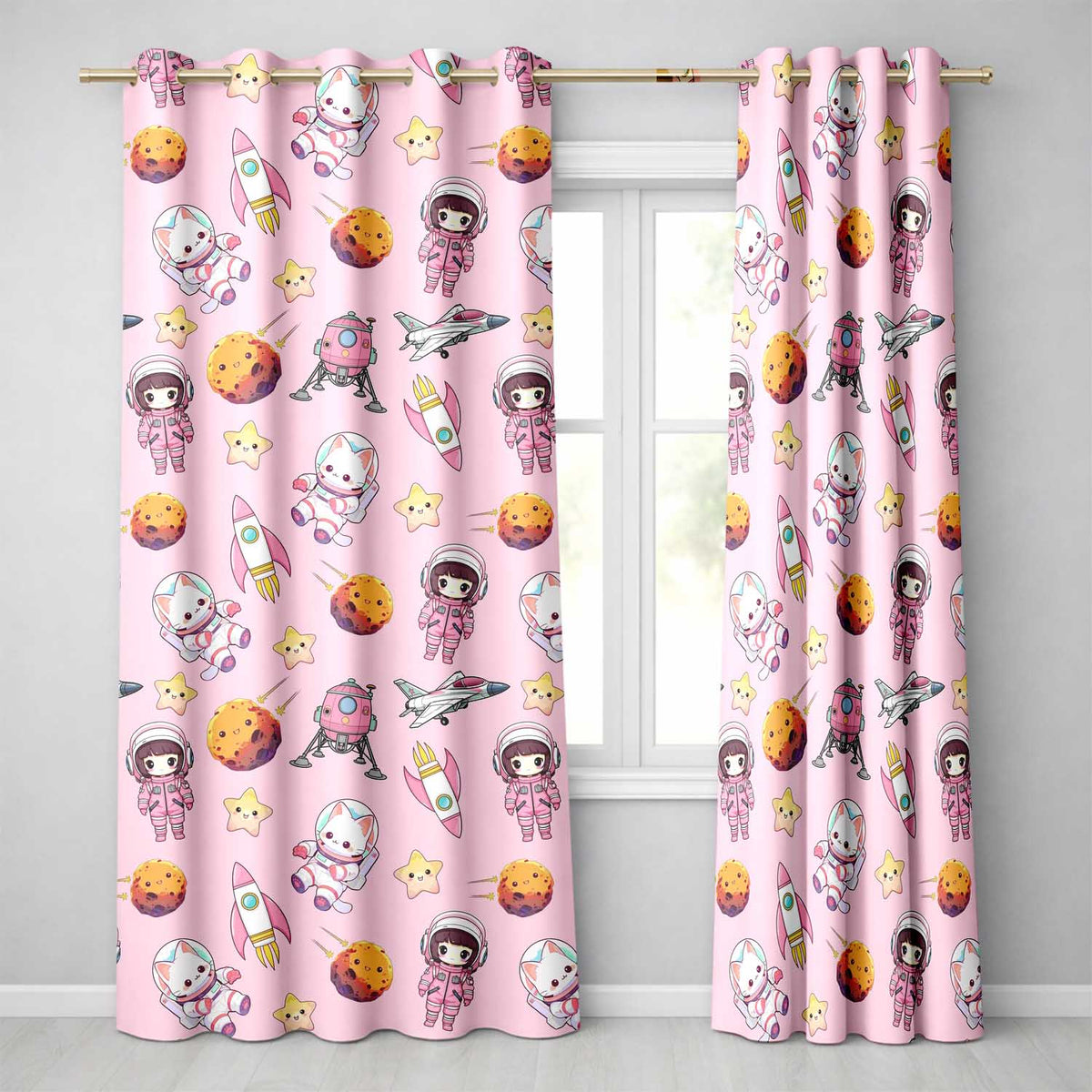 Cat Astronaut Girl Rockets Stars Space Seamless  Light Pink Background  Readymade Eyelet Ring Top Thermal 100% Blackout Curtains