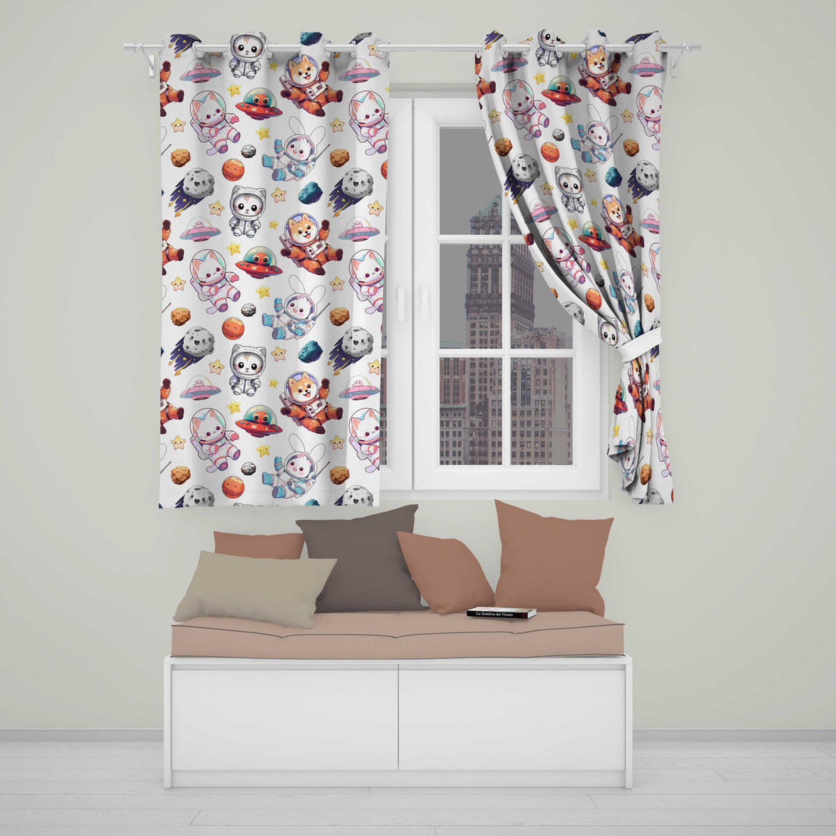 Space Animals Astronaut Dog Bunny UFO Stars Planets Seamless  White Background  Readymade Eyelet Ring Top Thermal 100% Blackout Curtains
