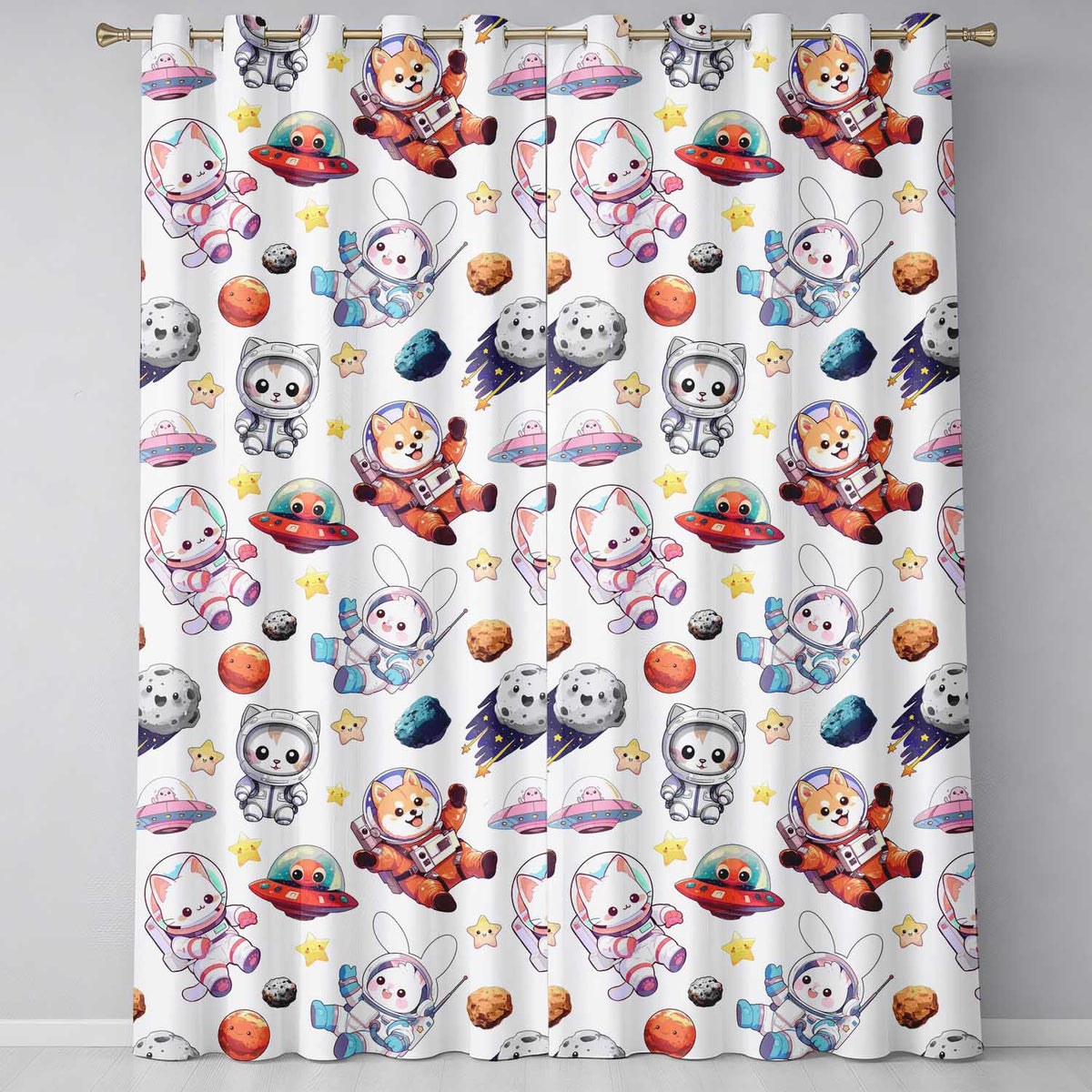 Space Animals Astronaut Dog Bunny UFO Stars Planets Seamless  White Background  Readymade Eyelet Ring Top Thermal 100% Blackout Curtains