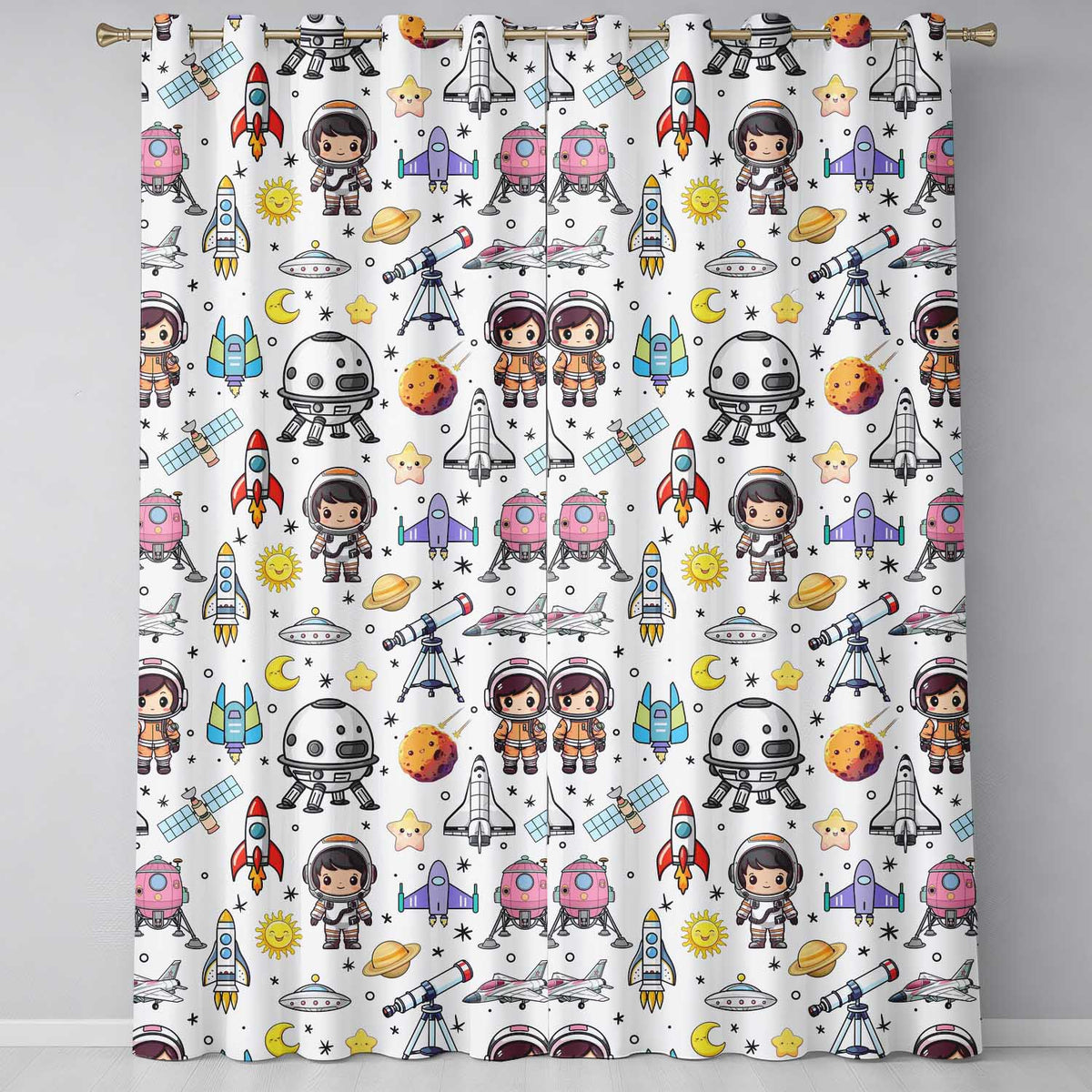 Astronaut Rockets Satellites UFO Space Seamless  Light Background  Readymade Eyelet Ring Top Thermal 100% Blackout Curtains