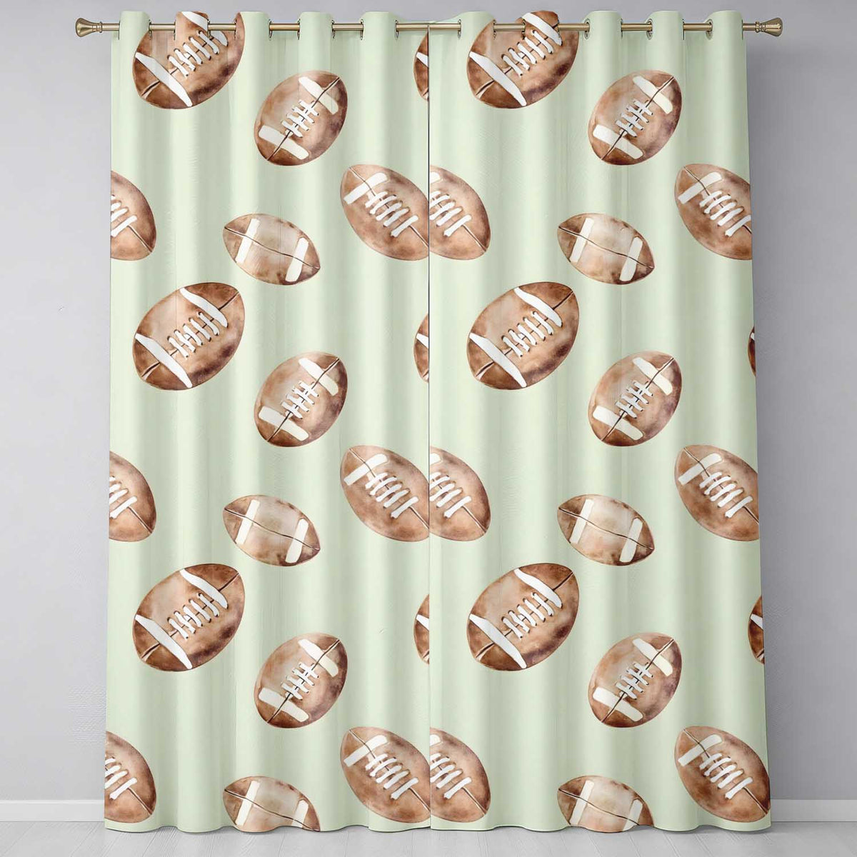 Watercolor American Football Balls on Soft Green Background Seamless Pattern  Readymade Eyelet Ring Top Thermal 100% Blackout Curtains