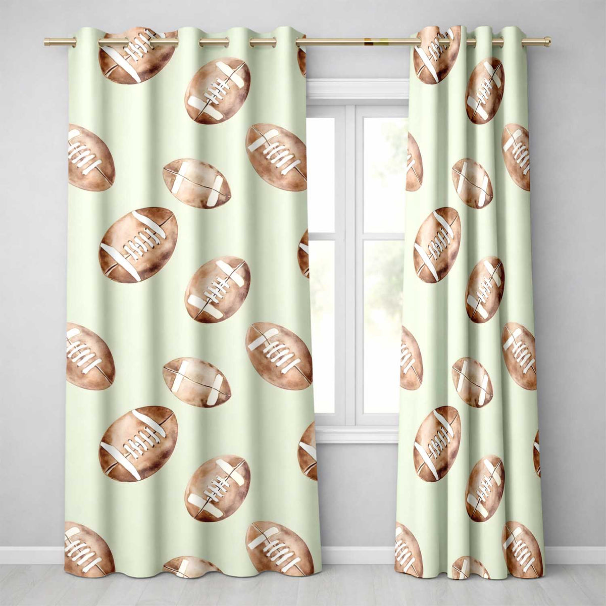 Watercolor American Football Balls on Soft Green Background Seamless Pattern  Readymade Eyelet Ring Top Thermal 100% Blackout Curtains