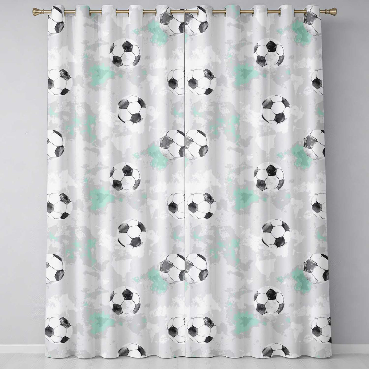 Watercolor Soccer Balls on Soft Green Background Seamless Pattern  Readymade Eyelet Ring Top Thermal 100% Blackout Curtains