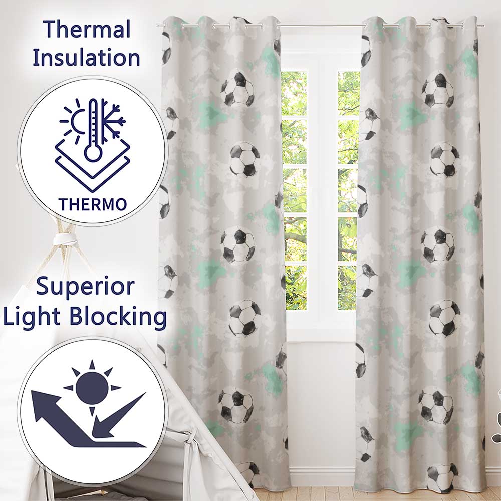 Watercolor Soccer Balls on Soft Green Background Seamless Pattern  Readymade Eyelet Ring Top Thermal 100% Blackout Curtains