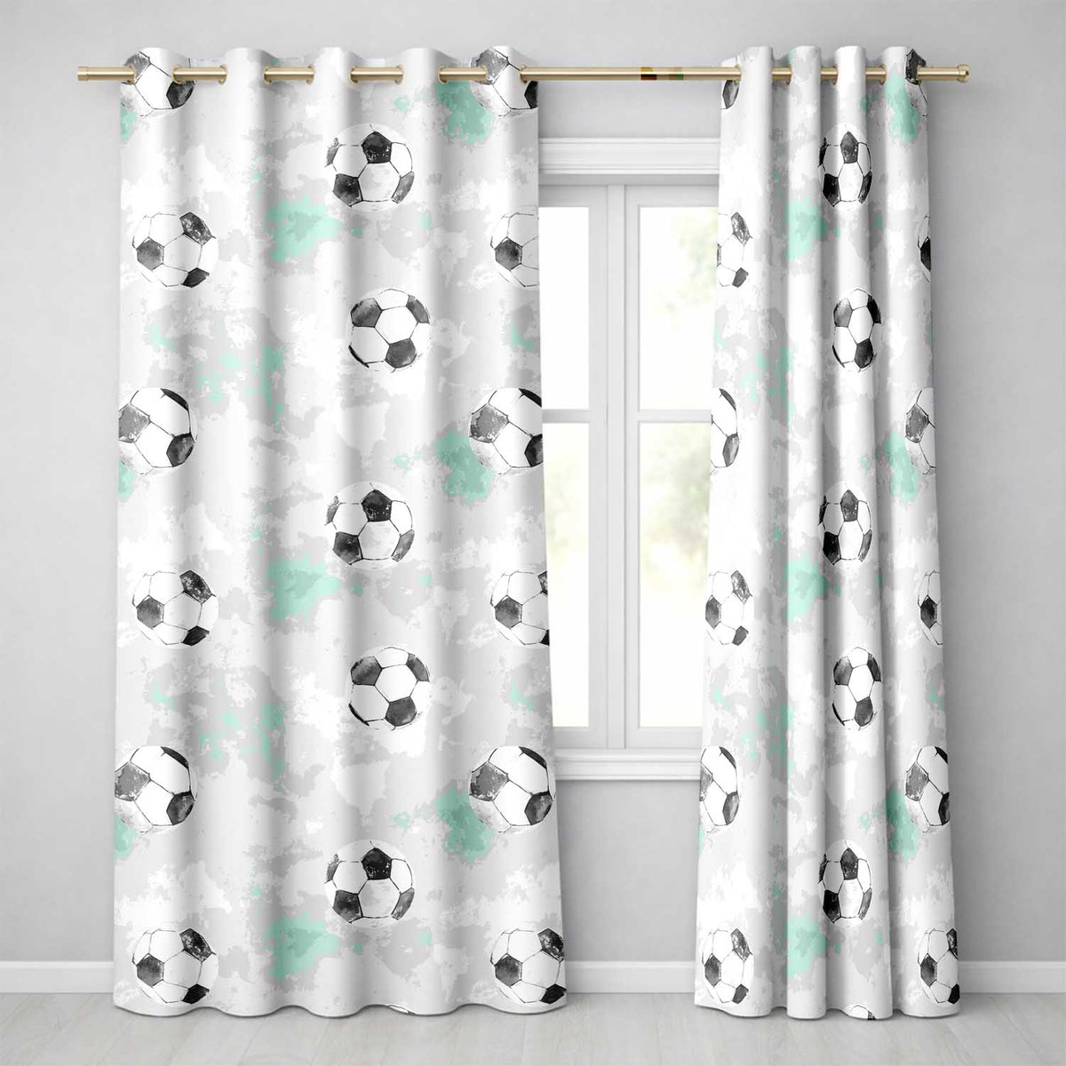 Watercolor Soccer Balls on Soft Green Background Seamless Pattern  Readymade Eyelet Ring Top Thermal 100% Blackout Curtains