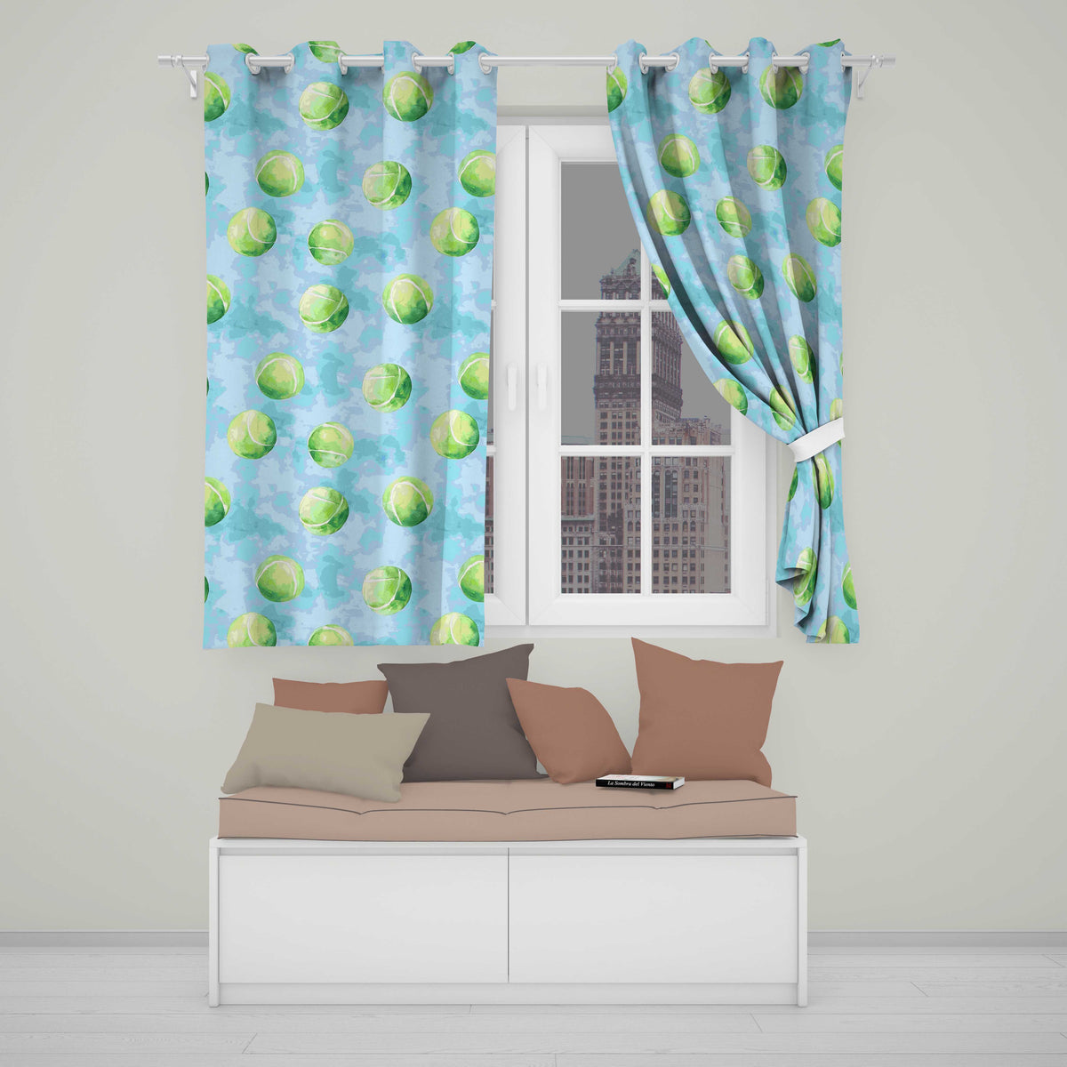 Watercolor Tennis Balls on Soft Blue Background Seamless Pattern  Readymade Eyelet Ring Top Thermal 100% Blackout Curtains