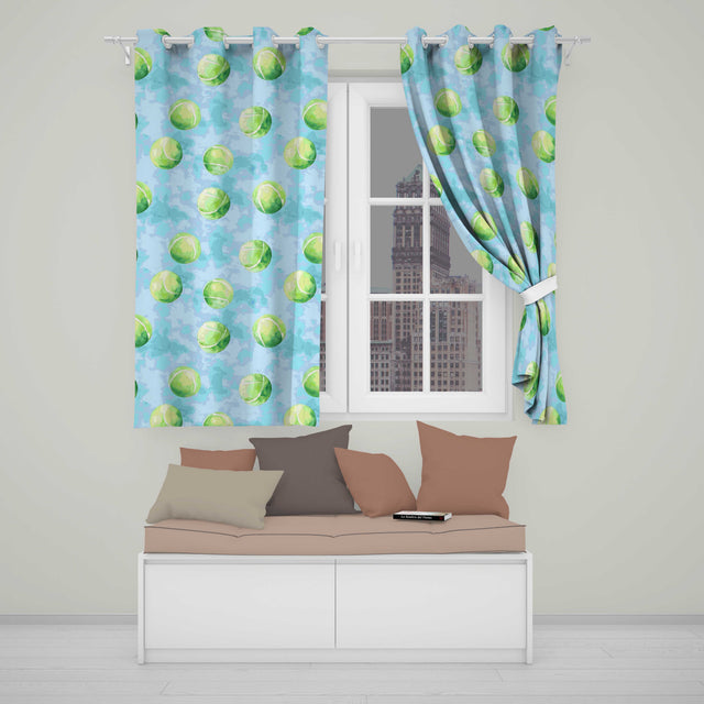 Watercolor Tennis Balls on Soft Blue Background Seamless Pattern  Readymade Eyelet Ring Top Thermal 100% Blackout Curtains
