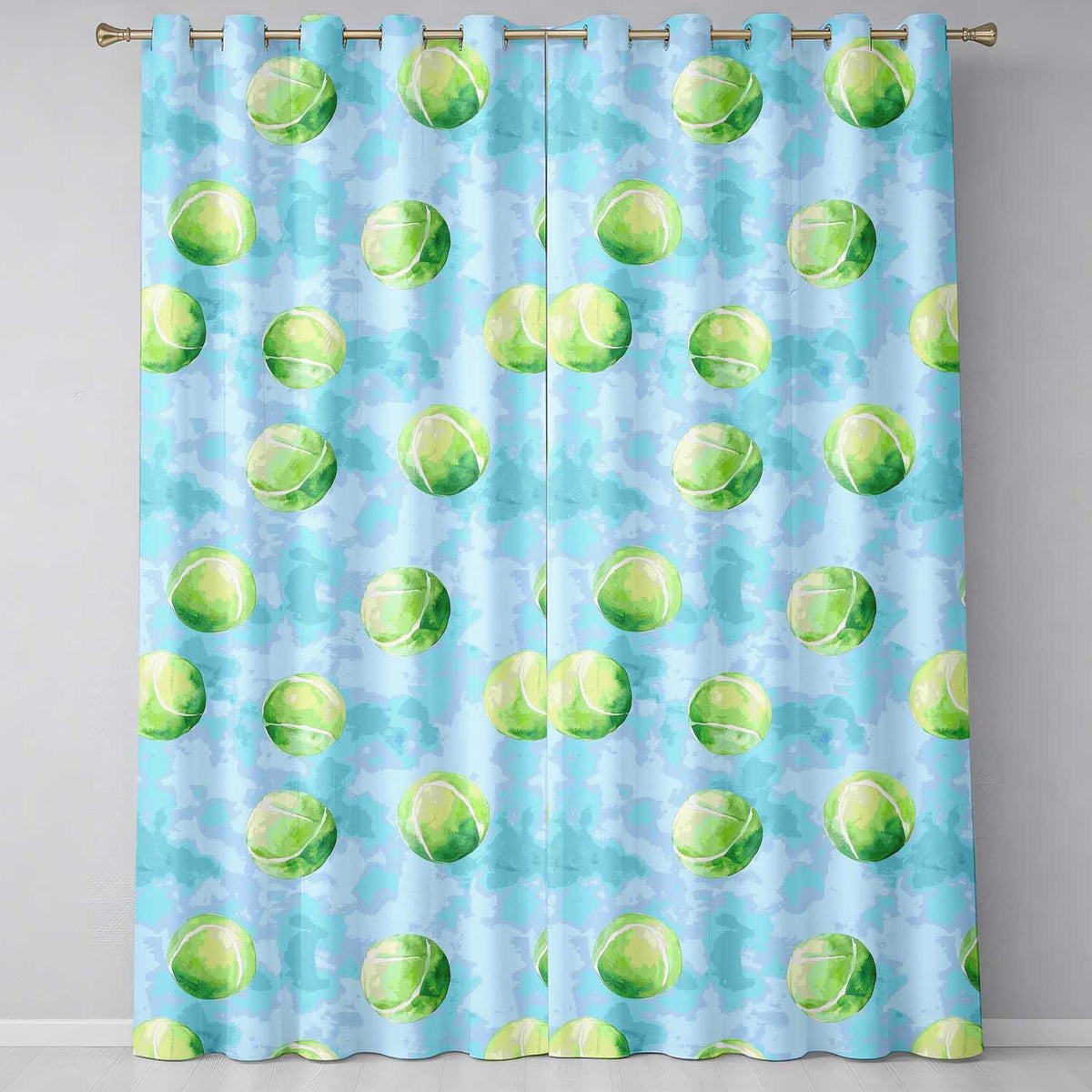 Watercolor Tennis Balls on Soft Blue Background Seamless Pattern  Readymade Eyelet Ring Top Thermal 100% Blackout Curtains