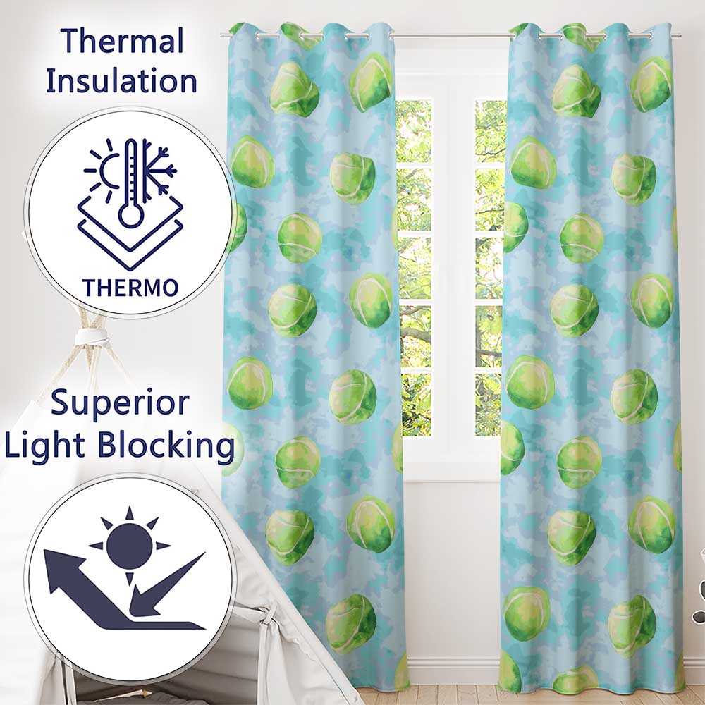 Watercolor Tennis Balls on Soft Blue Background Seamless Pattern  Readymade Eyelet Ring Top Thermal 100% Blackout Curtains