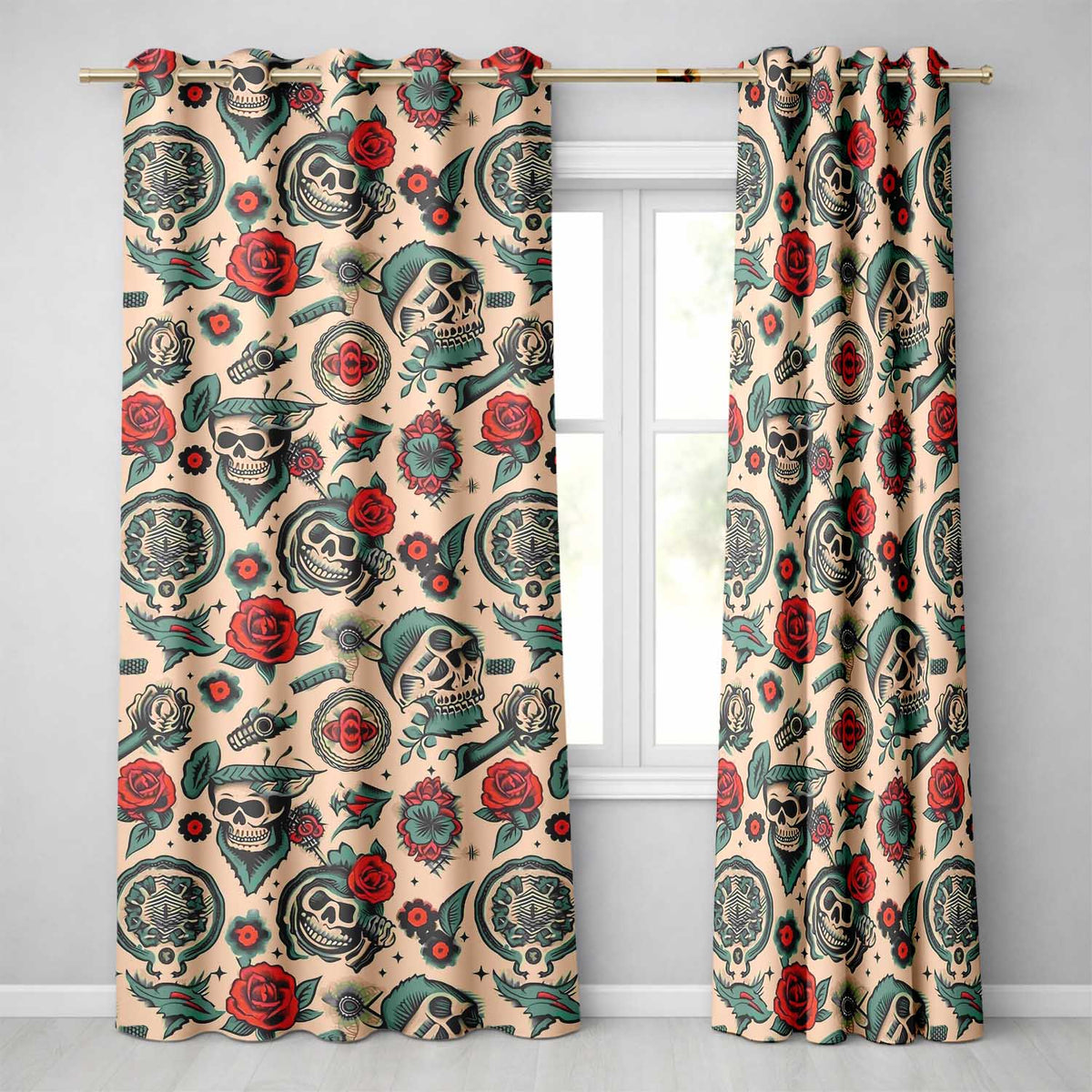 Bold Skull Roses Tattoo Art Seamless Pattern  Readymade Eyelet Ring Top Thermal 100% Blackout Curtains
