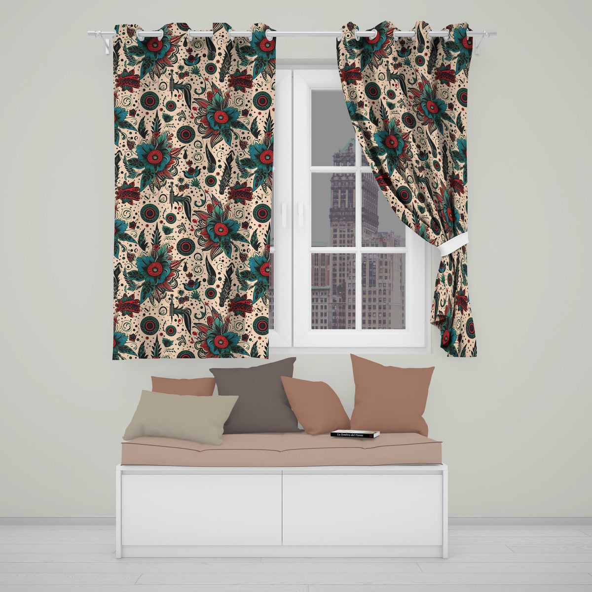 Abstract Floral Folk Art Tattoo Seamless Pattern  Readymade Eyelet Ring Top Thermal 100% Blackout Curtains
