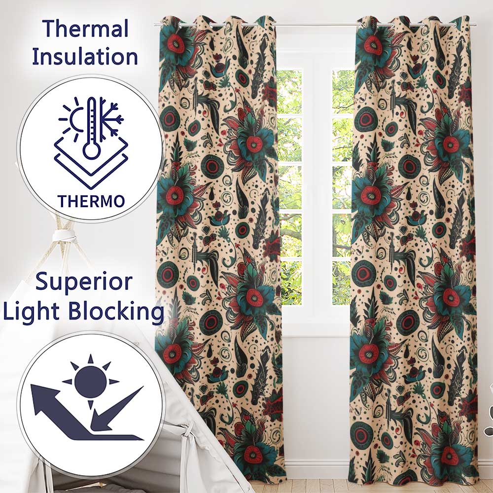 Abstract Floral Folk Art Tattoo Seamless Pattern  Readymade Eyelet Ring Top Thermal 100% Blackout Curtains