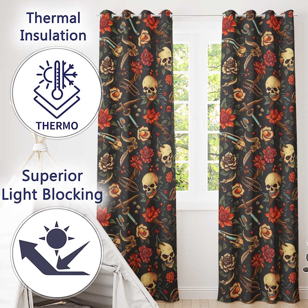 Dark Skull Floral Dagger Tattoo Seamless Pattern  Readymade Eyelet Ring Top Thermal 100% Blackout Curtains