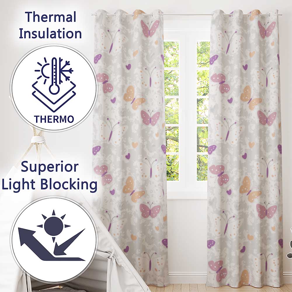 Cute Pink Butterfly Hearts Seamless Pattern  Readymade Eyelet Ring Top Thermal 100% Blackout Curtains
