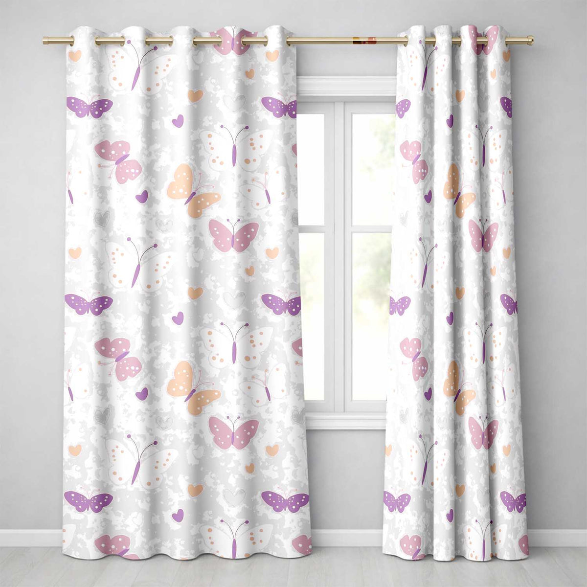Cute Pink Butterfly Hearts Seamless Pattern  Readymade Eyelet Ring Top Thermal 100% Blackout Curtains