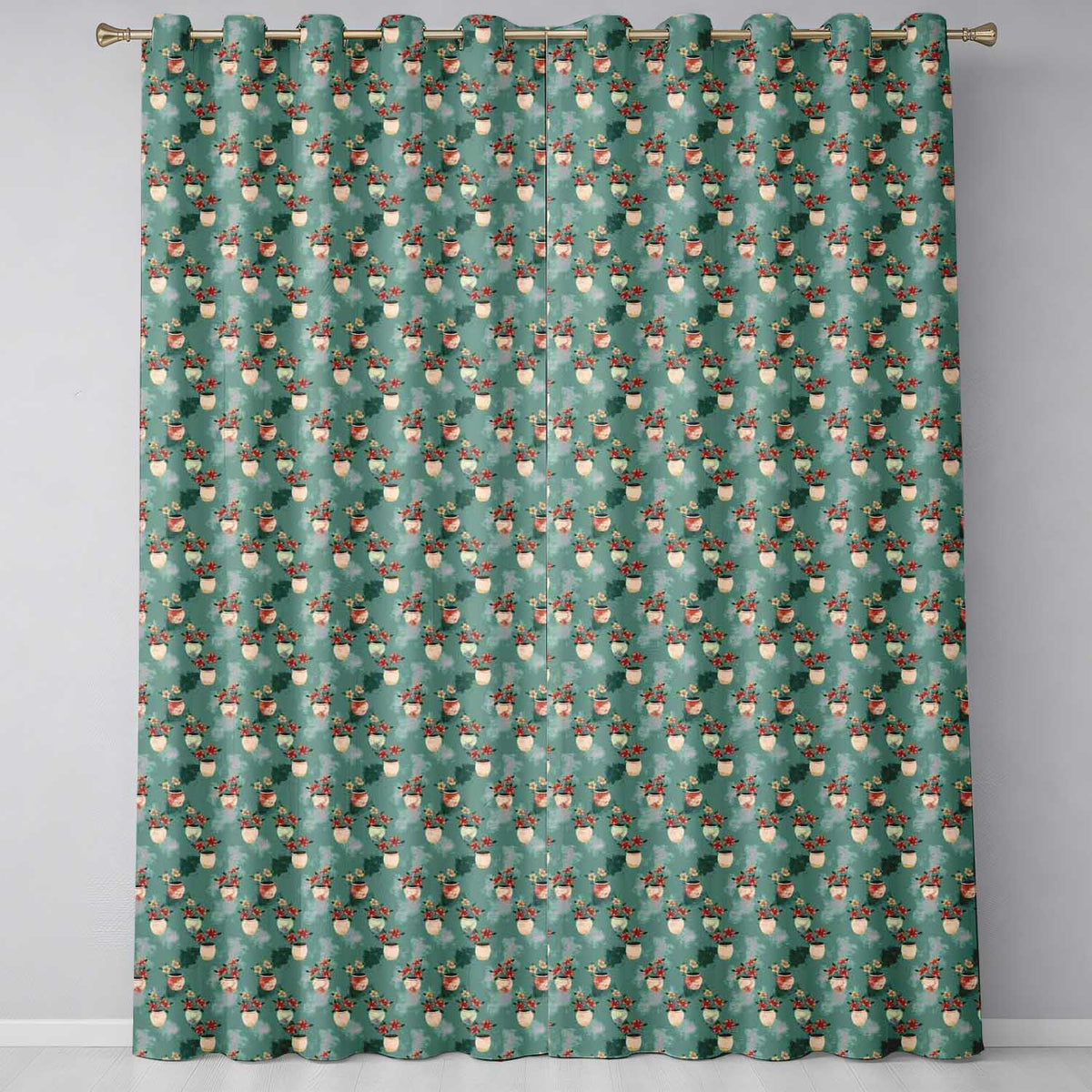 Vintage Floral Pots Rustic Garden Seamless Pattern  Readymade Eyelet Ring Top Thermal 100% Blackout Curtains