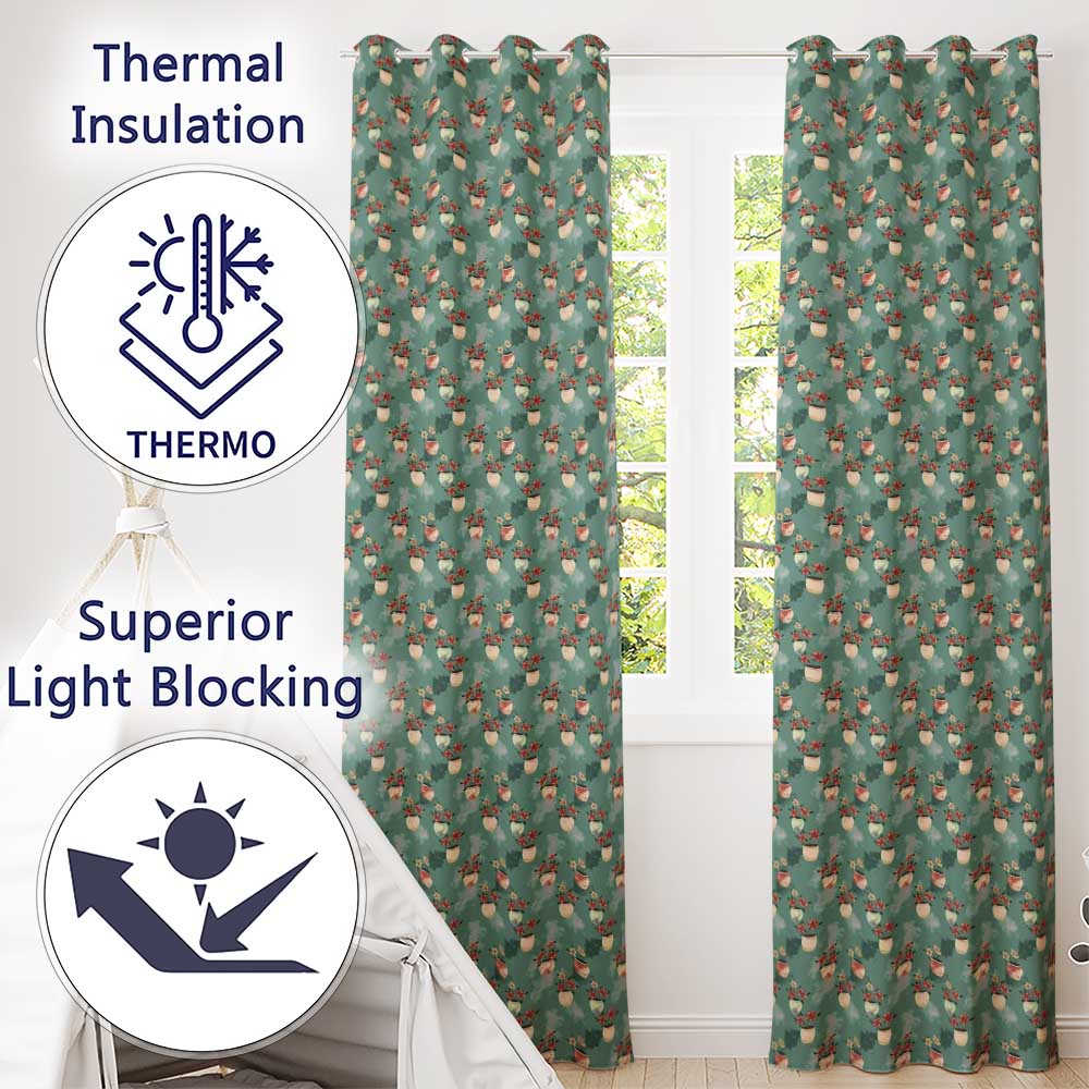 Vintage Floral Pots Rustic Garden Seamless Pattern  Readymade Eyelet Ring Top Thermal 100% Blackout Curtains