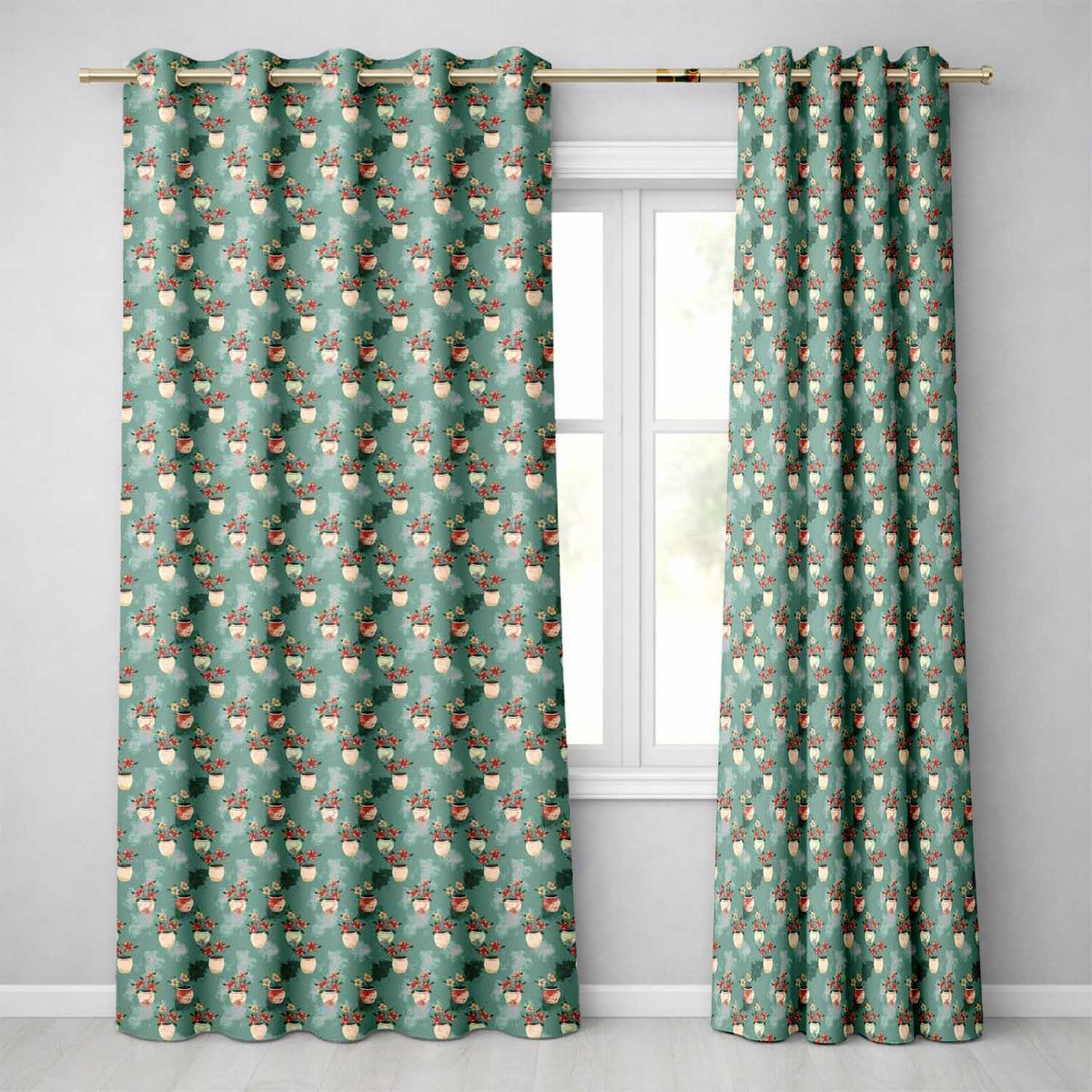 Vintage Floral Pots Rustic Garden Seamless Pattern  Readymade Eyelet Ring Top Thermal 100% Blackout Curtains