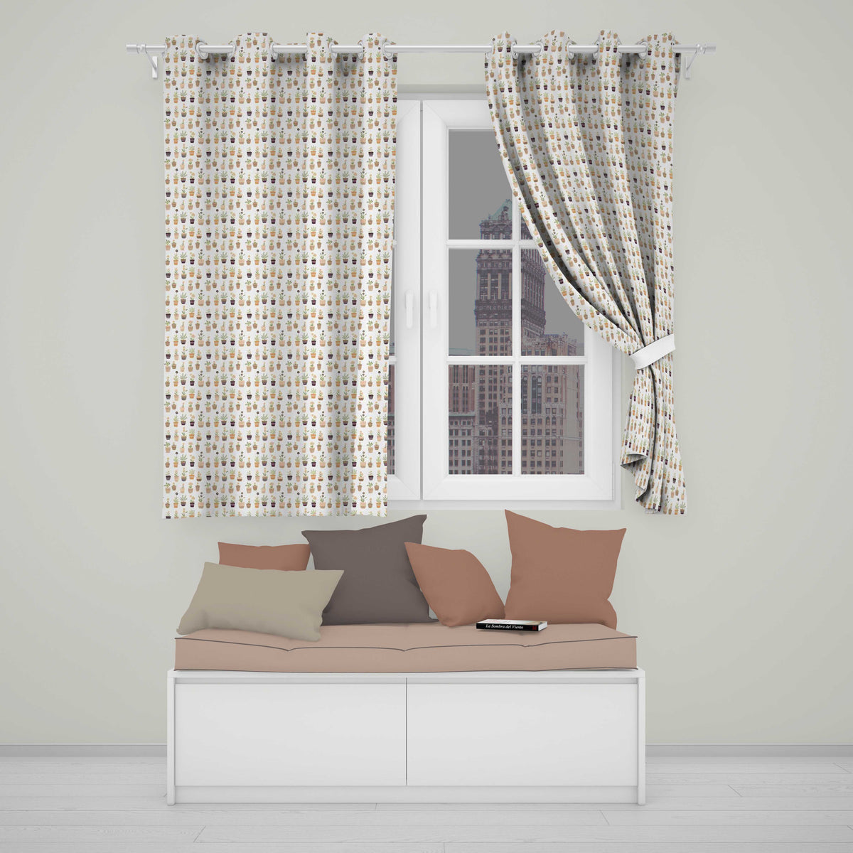 Minimal Plant Pots Neutral Botanical Seamless Pattern  Readymade Eyelet Ring Top Thermal 100% Blackout Curtains