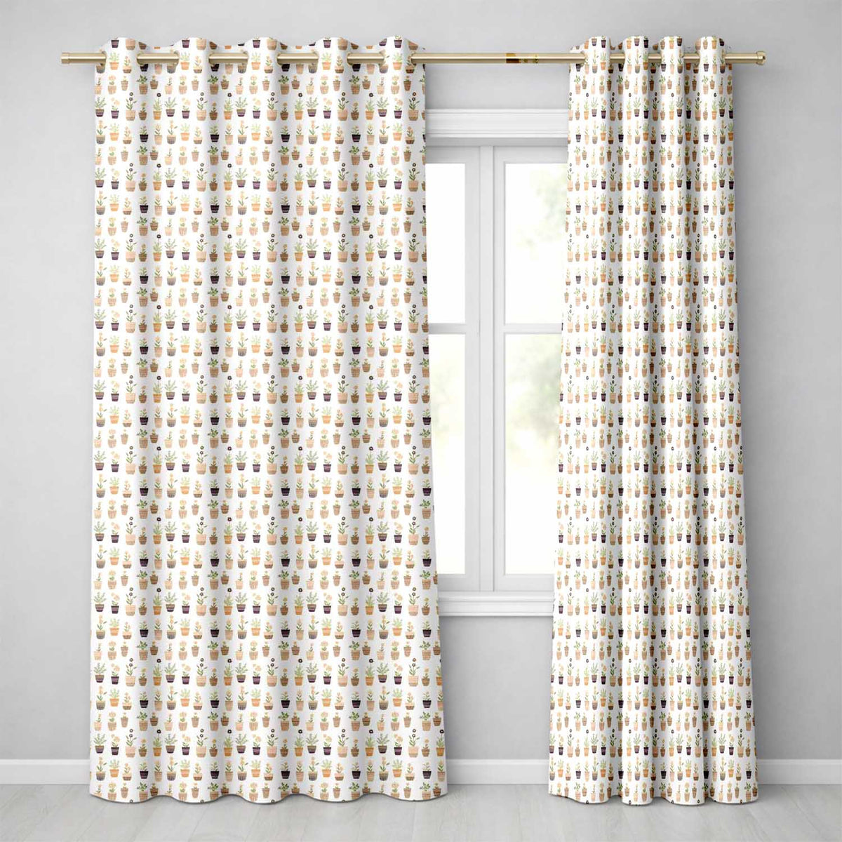 Minimal Plant Pots Neutral Botanical Seamless Pattern  Readymade Eyelet Ring Top Thermal 100% Blackout Curtains