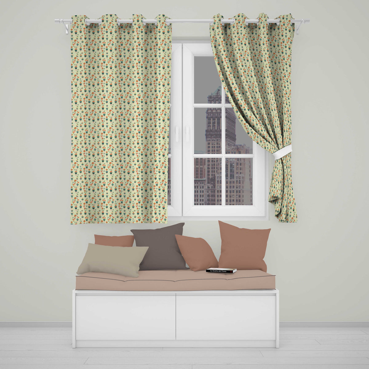 Retro Floral Pots Orange Blue Seamless Pattern  Readymade Eyelet Ring Top Thermal 100% Blackout Curtains