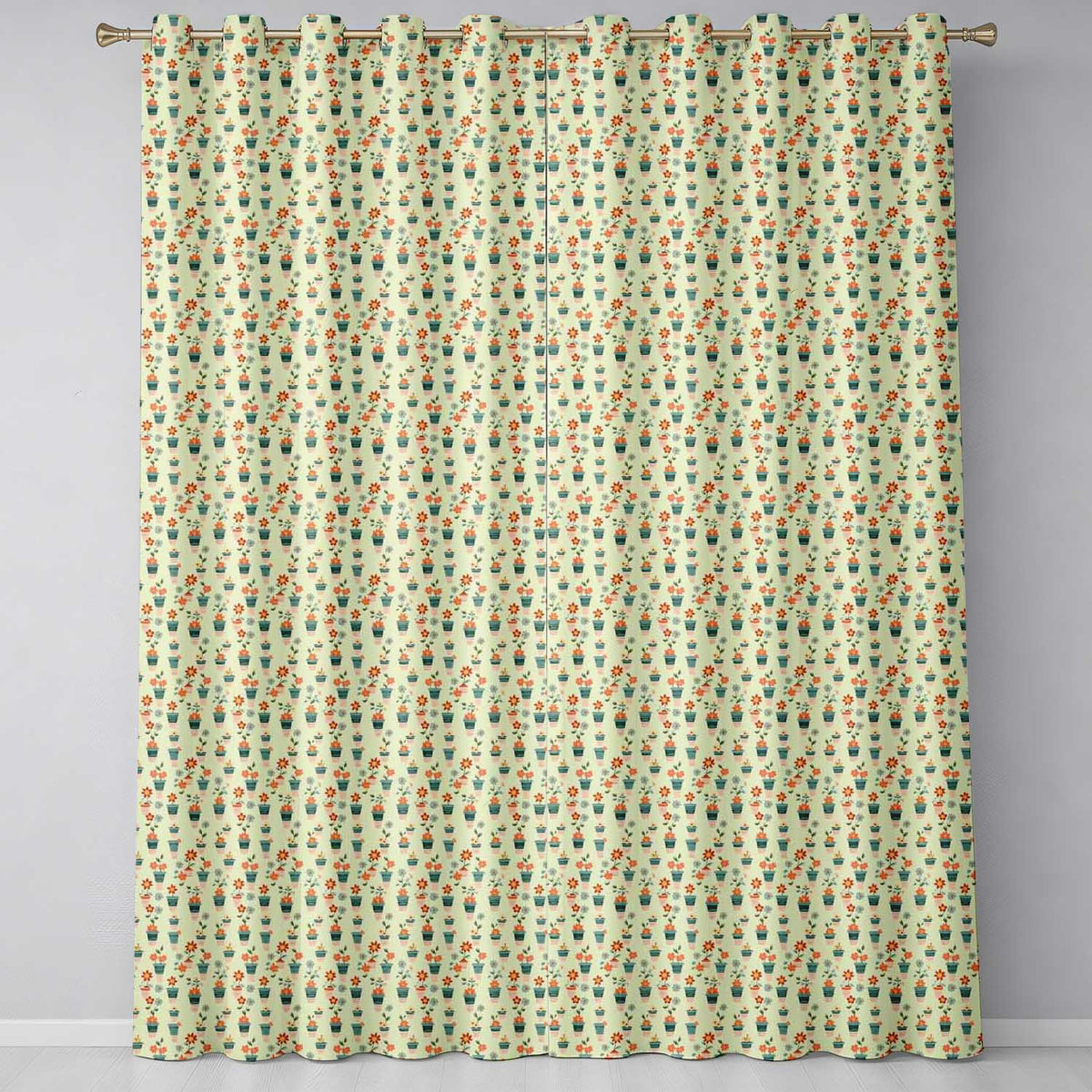 Retro Floral Pots Orange Blue Seamless Pattern  Readymade Eyelet Ring Top Thermal 100% Blackout Curtains