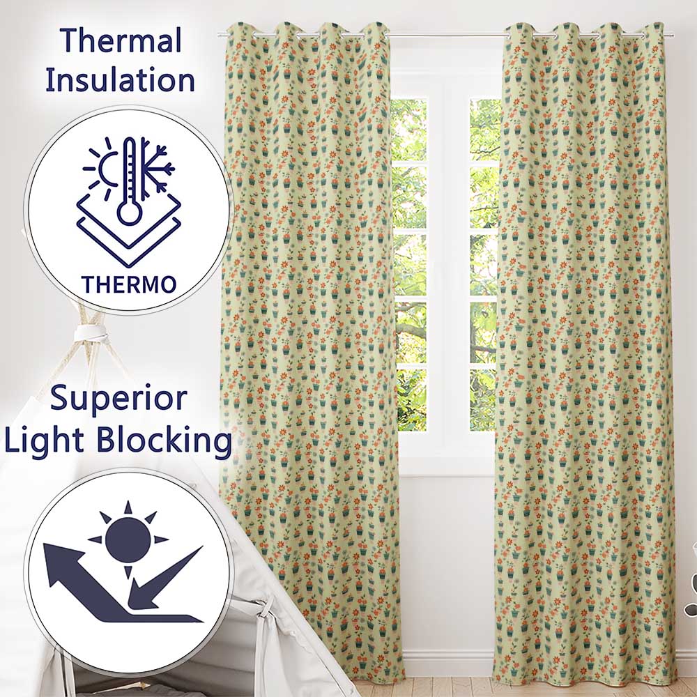 Retro Floral Pots Orange Blue Seamless Pattern  Readymade Eyelet Ring Top Thermal 100% Blackout Curtains