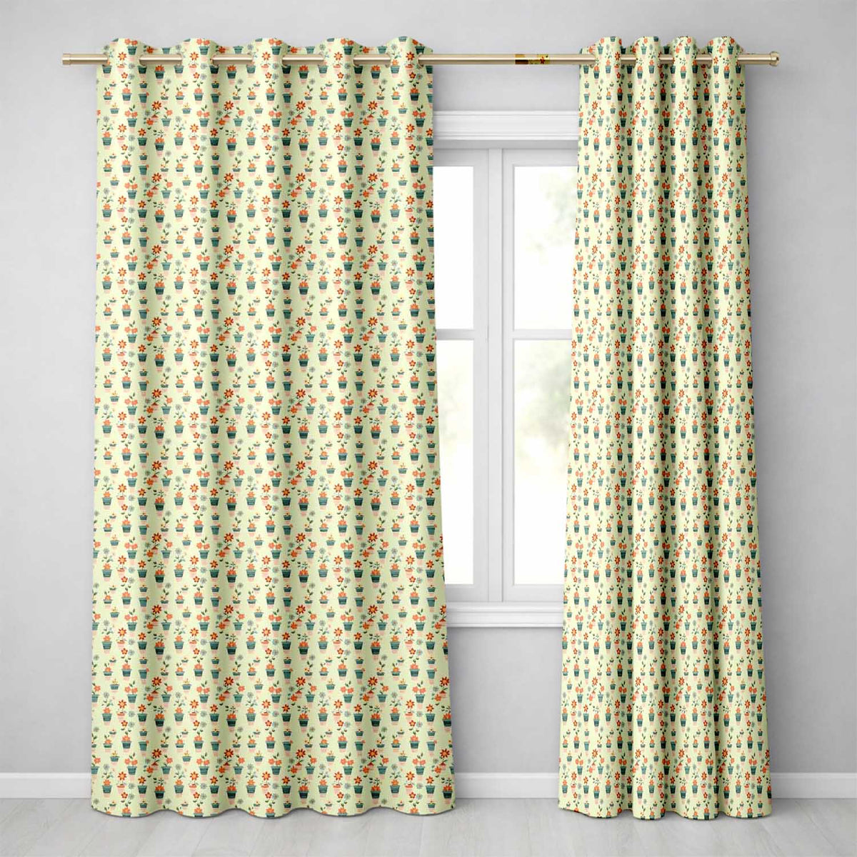 Retro Floral Pots Orange Blue Seamless Pattern  Readymade Eyelet Ring Top Thermal 100% Blackout Curtains
