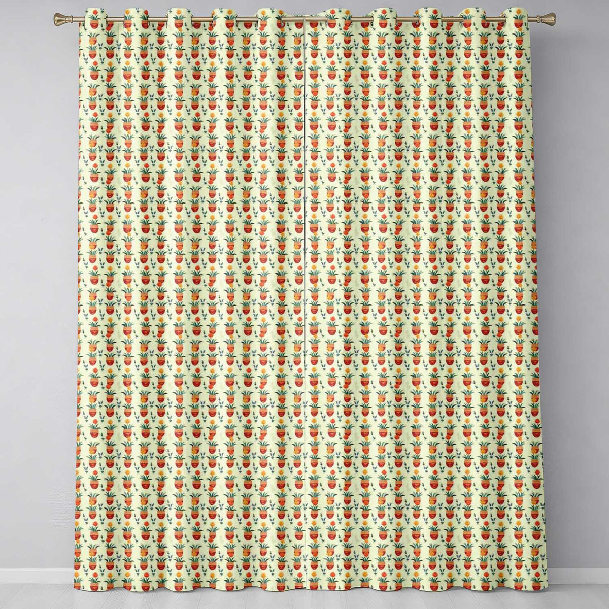 Terracotta Pots Yellow Flowers Seamless Pattern  Readymade Eyelet Ring Top Thermal 100% Blackout Curtains
