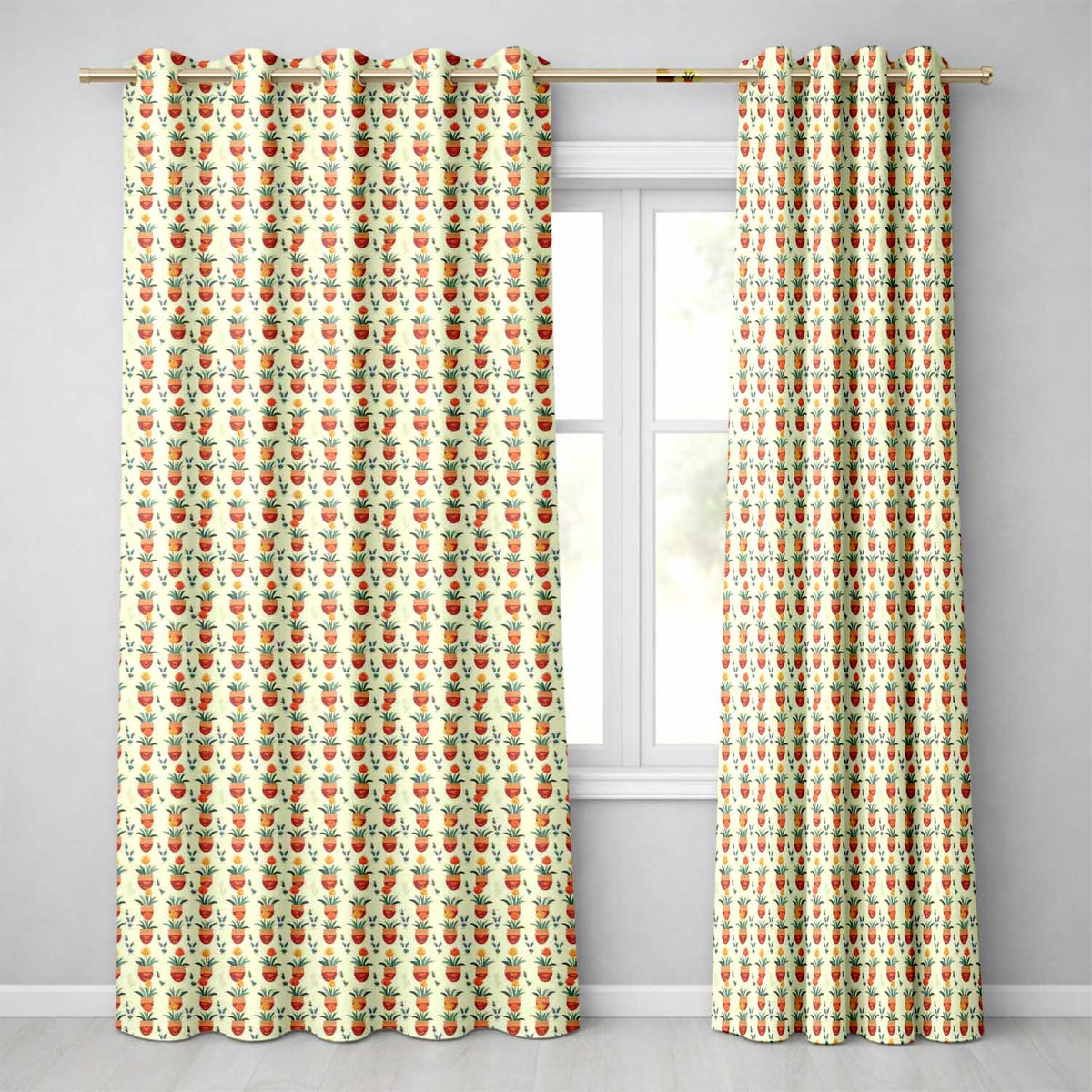 Terracotta Pots Yellow Flowers Seamless Pattern  Readymade Eyelet Ring Top Thermal 100% Blackout Curtains