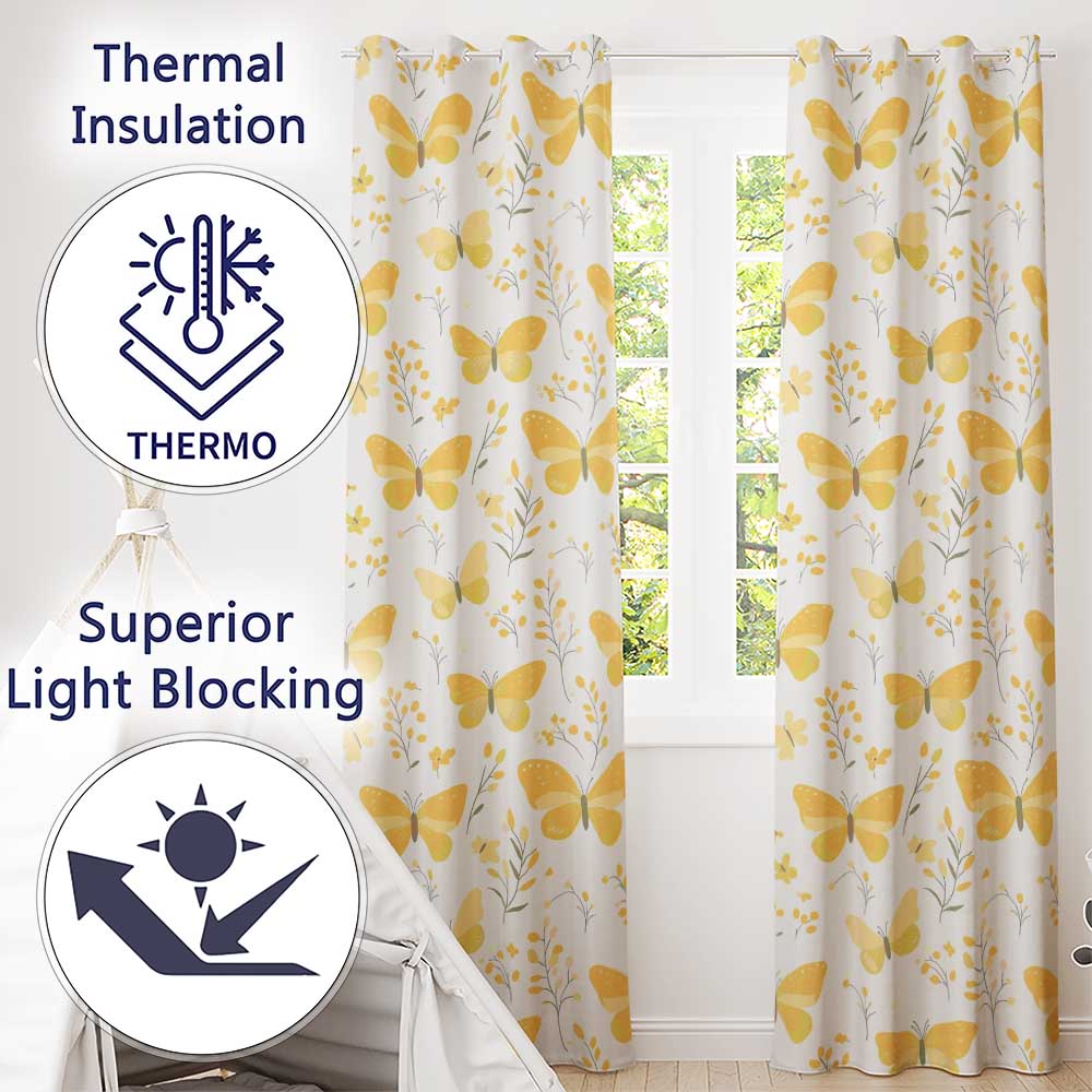 Yellow Butterflies Floral Spring Seamless Pattern  Readymade Eyelet Ring Top Thermal 100% Blackout Curtains