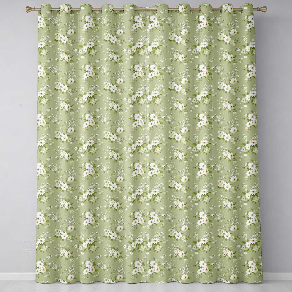 Elegant White Flowers Green Background Seamless Pattern  Readymade Eyelet Ring Top Thermal 100% Blackout Curtains