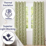 Elegant White Flowers Green Background Seamless Pattern  Readymade Eyelet Ring Top Thermal 100% Blackout Curtains