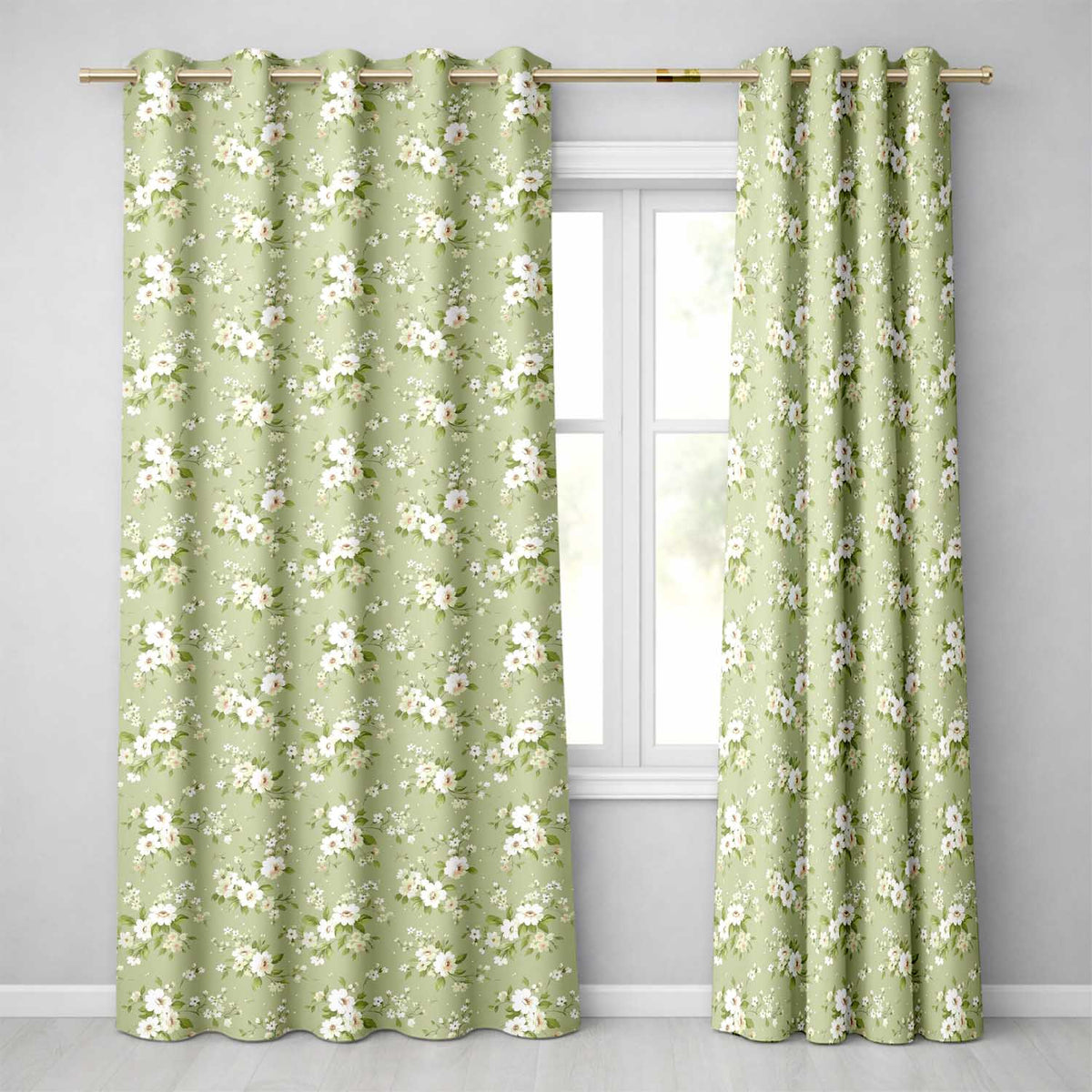 Elegant White Flowers Green Background Seamless Pattern  Readymade Eyelet Ring Top Thermal 100% Blackout Curtains