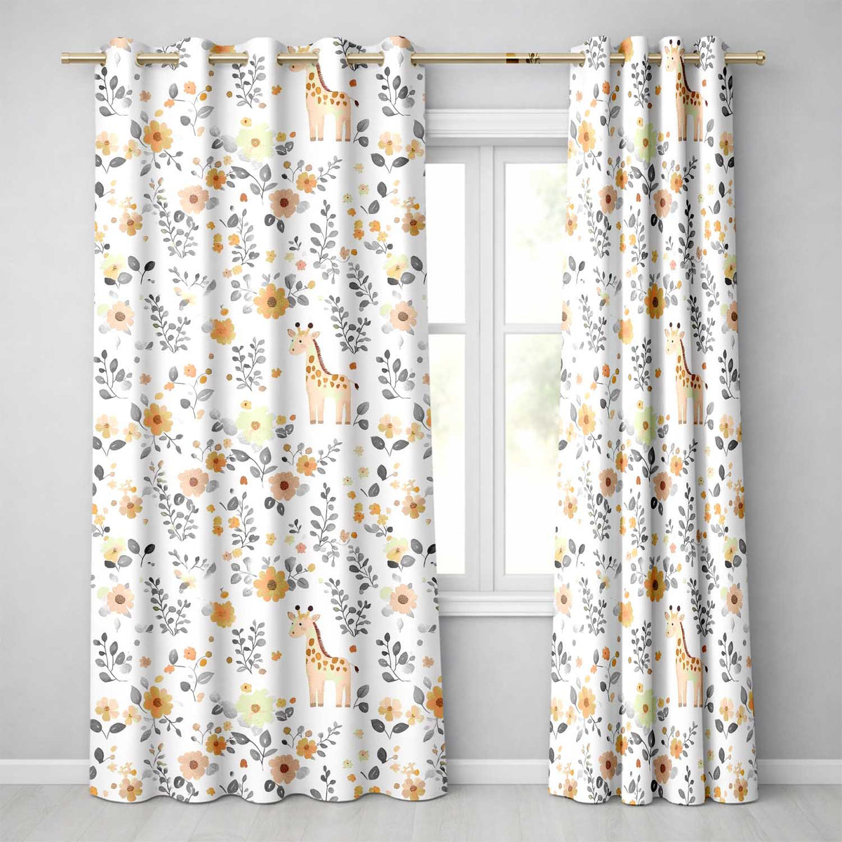 Cute Giraffe Floral Nursery Seamless Pattern  Readymade Eyelet Ring Top Thermal 100% Blackout Curtains