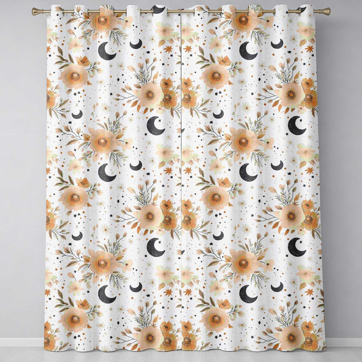 Boho Floral Moon Stars Neutral Seamless Pattern  Readymade Eyelet Ring Top Thermal 100% Blackout Curtains