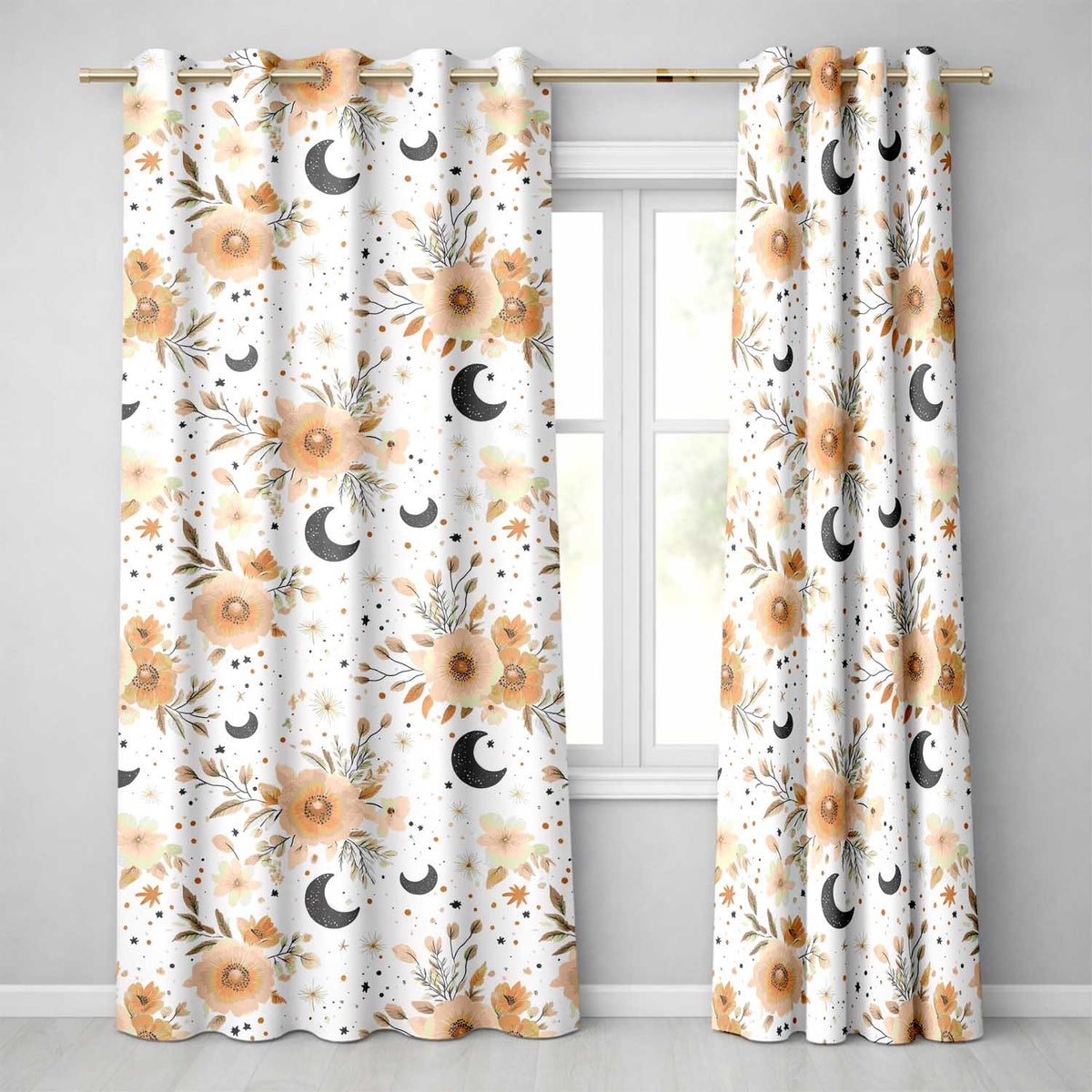 Boho Floral Moon Stars Neutral Seamless Pattern  Readymade Eyelet Ring Top Thermal 100% Blackout Curtains