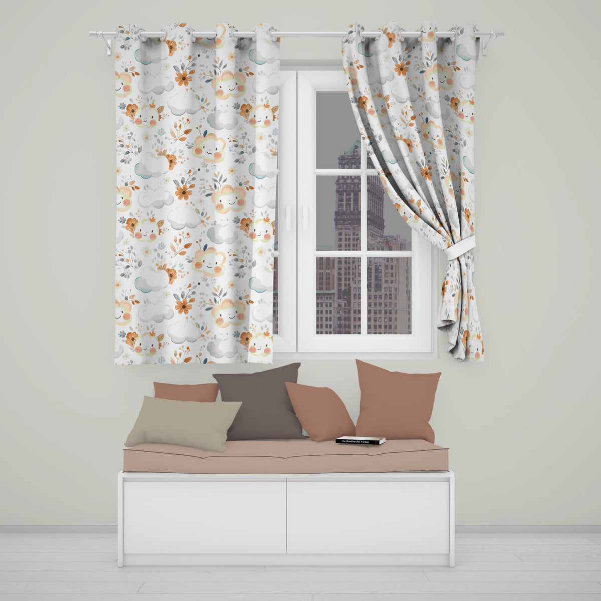 Cute Smiling Clouds Pastel Floral Seamless Pattern  Readymade Eyelet Ring Top Thermal 100% Blackout Curtains