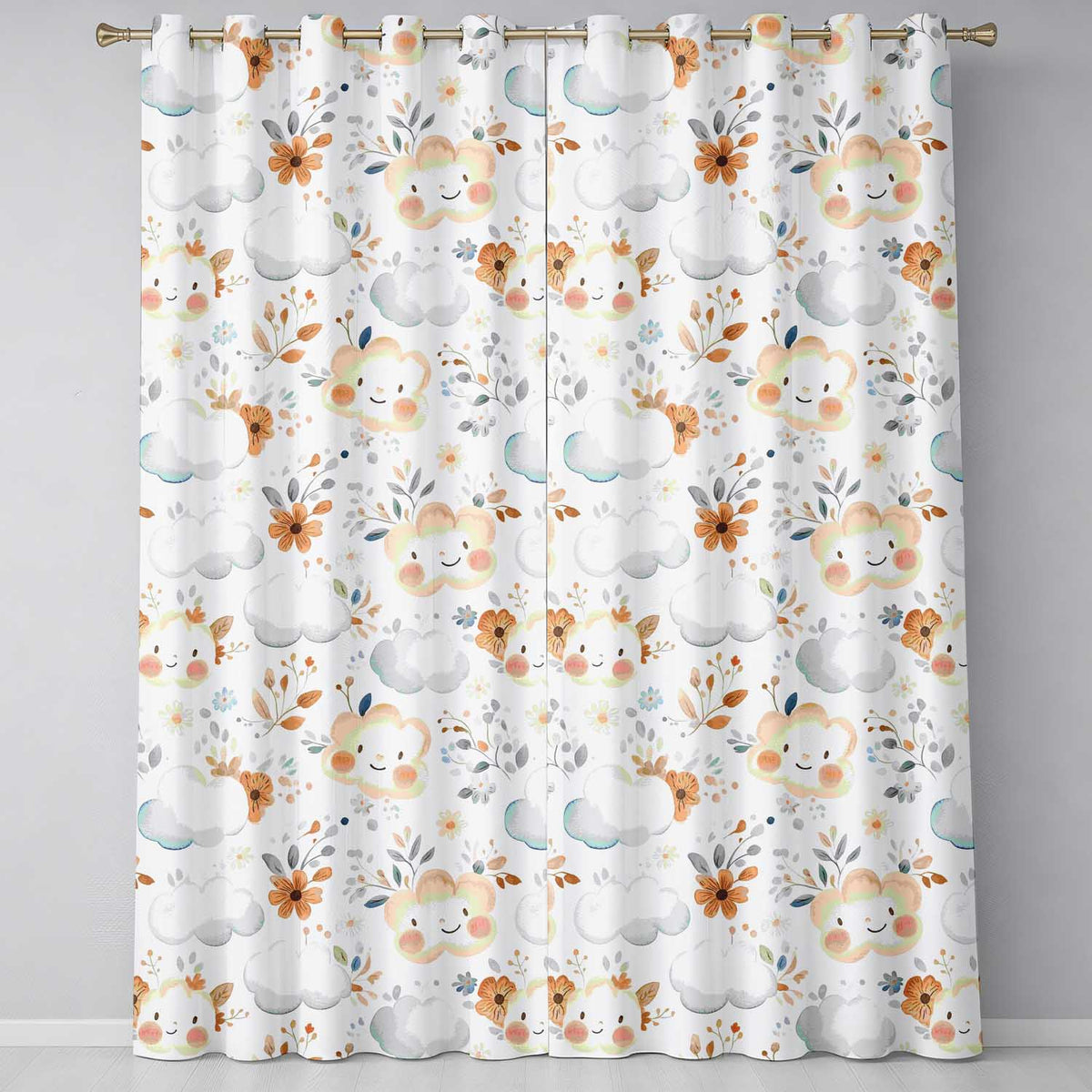 Cute Smiling Clouds Pastel Floral Seamless Pattern  Readymade Eyelet Ring Top Thermal 100% Blackout Curtains